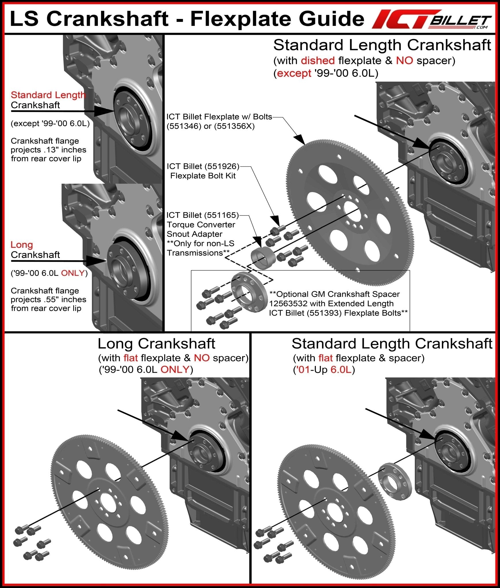 .250" Extended Length LS / LT Swap TH350 TH400 to LS1 Crankshaft Hub Adapter - ICT Billet 551165-250