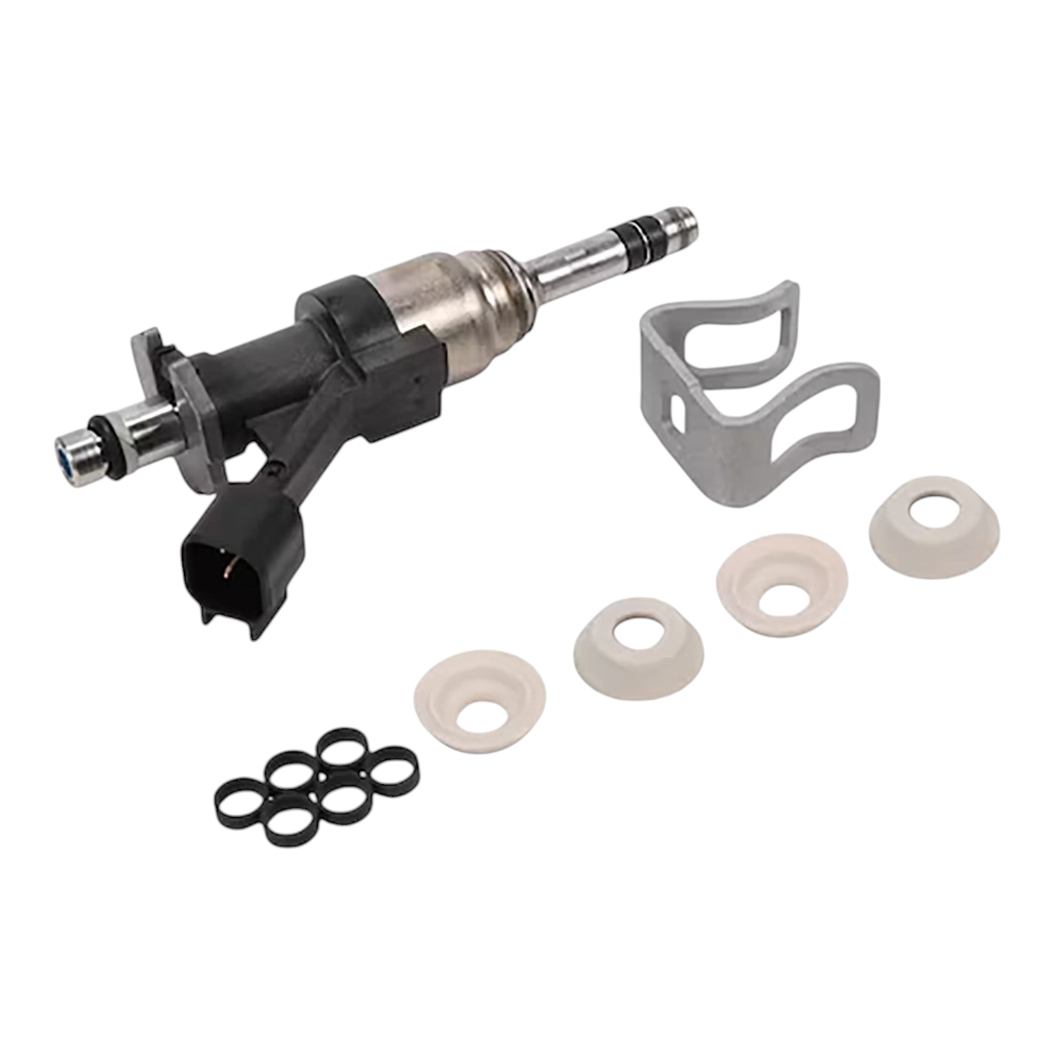 ICT Billet 7.5mm LT4 direct fuel injector kit with metal lock, white seals, and black O-rings for GM engines
