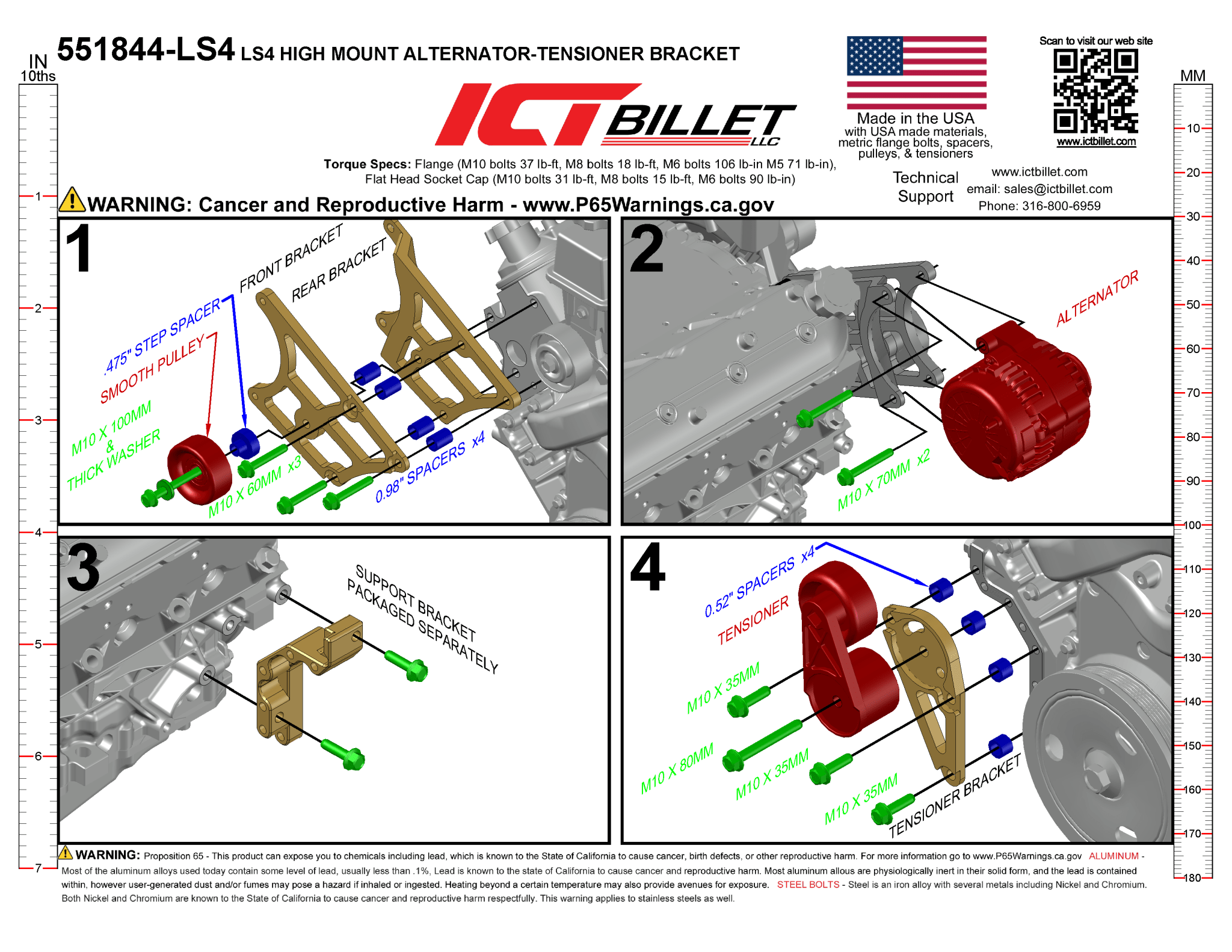 Billet LS Alternator and Tensioner Bracket for LS4 Accessory Drive to Lamborghini Gallardo Swap - ICT Billet 551844-LS4