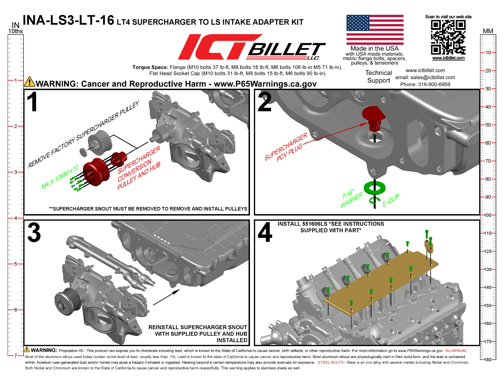 Corvette LT4 Supercharger to LS Rectangle Adapters - 16 Injector - ICT Billet INA-LS3-LT-16