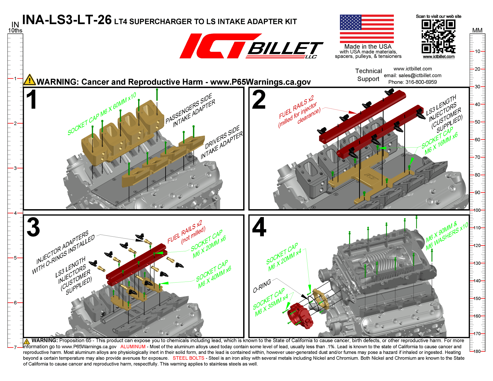 CTS-V LT4 Supercharger to LS Rectangle Head Adapters - 16 Injector - ICT Billet INA-LS3-LT-26