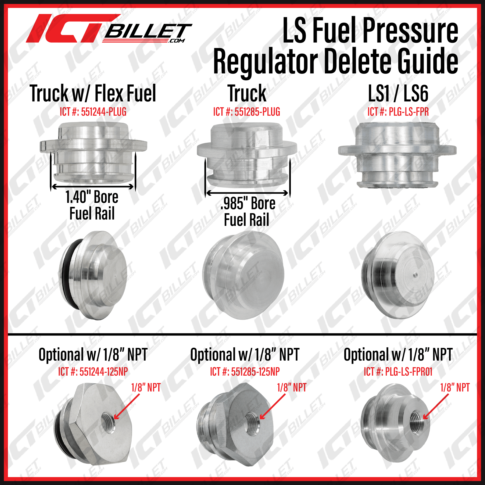Fuel Pressure Regulator Delete - LS Truck 1.400" Fuel Rail (Flex Fuel) - ICT Billet 551244-PLUG