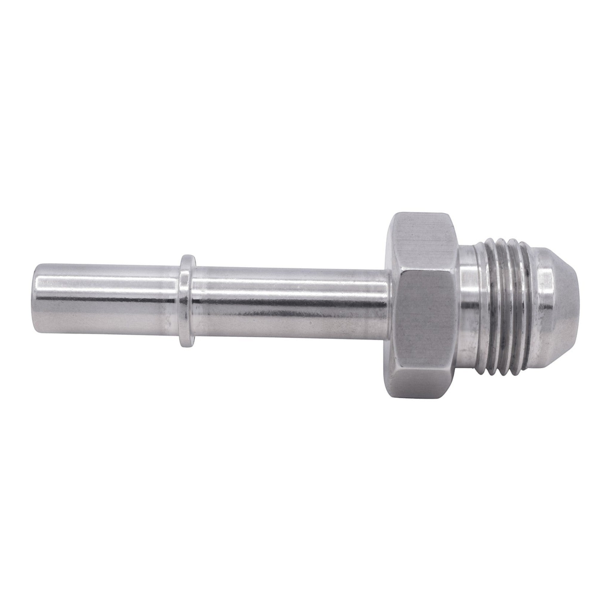 ICT Billet 3/8 inch to -8AN male fuel rail adapter fitting made from silver billet aluminum for GM LS engines.