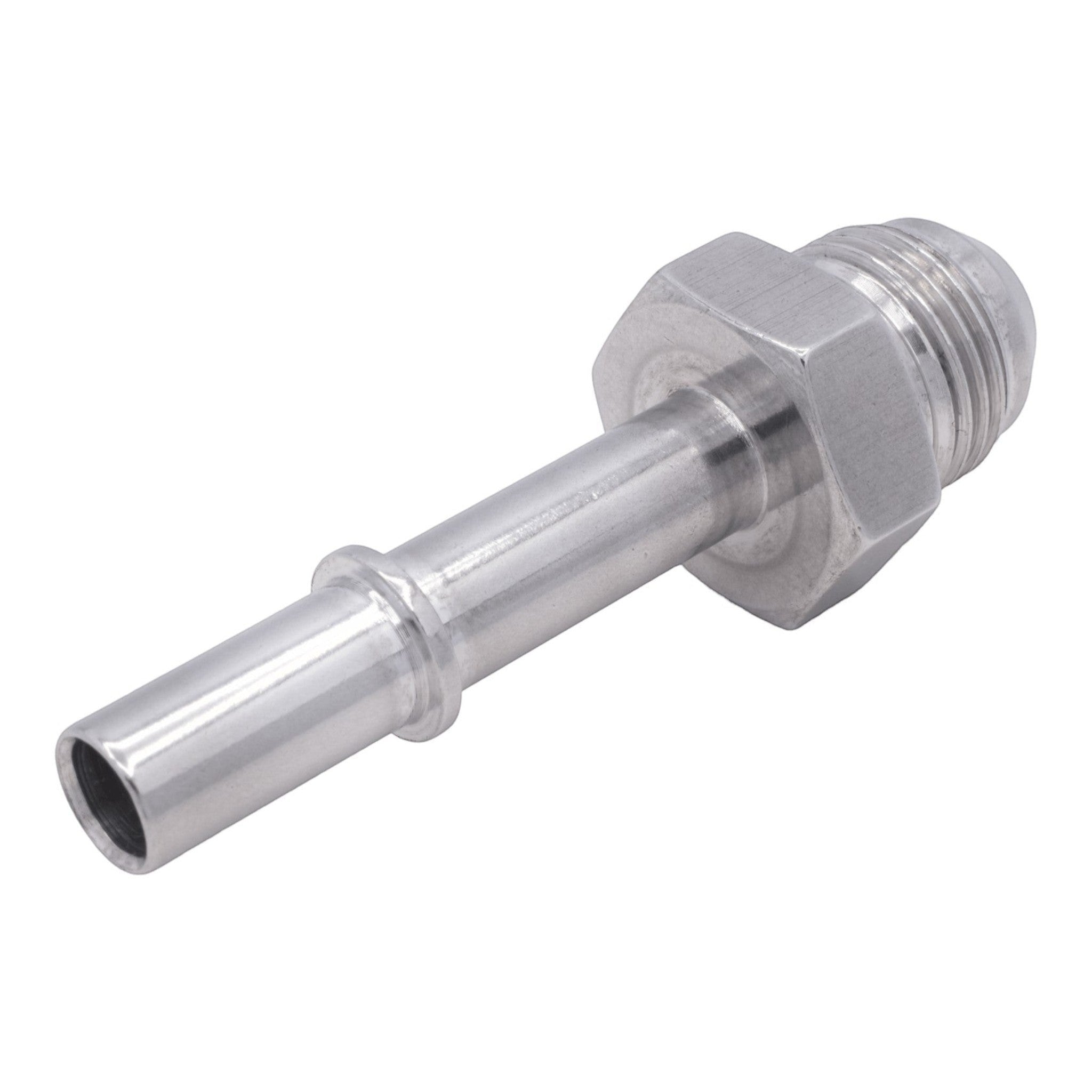 ICT Billet 3/8 inch to -8AN male fuel rail quick connect adapter fitting made of silver billet aluminum.
