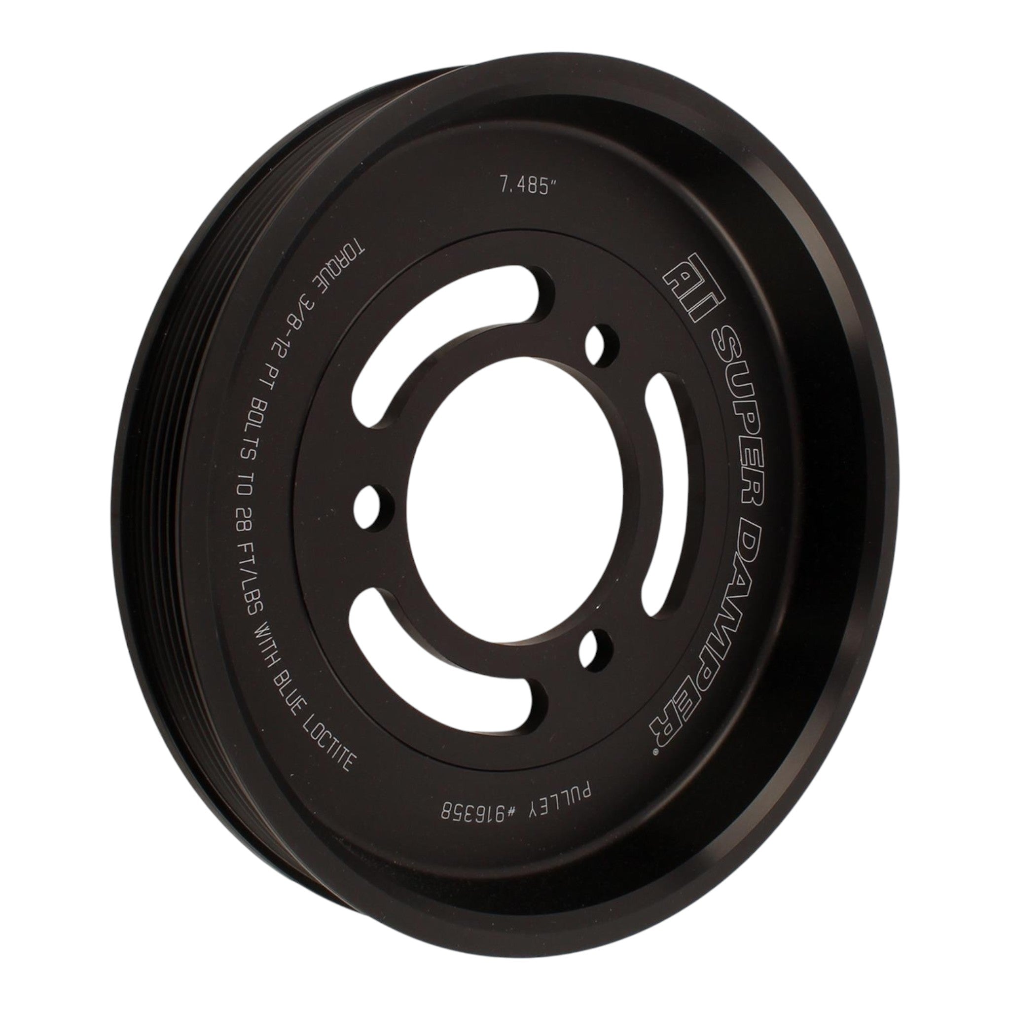 ICT Billet 6-rib add-on pulley for Gen V LT truck engines, 7.485-inch diameter black metal accessory drive pulley.