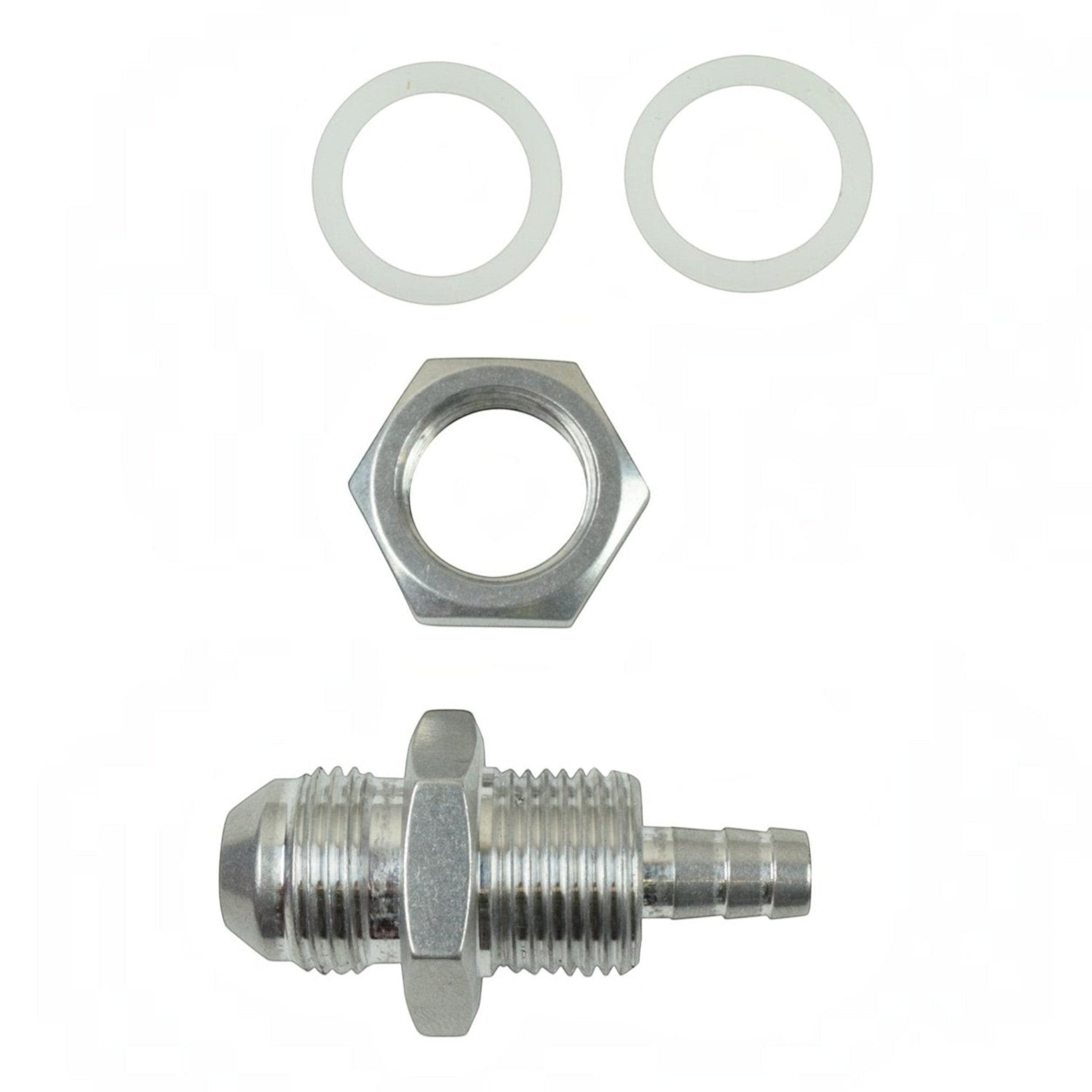 ICT Billet -8AN to 5/16 inch hose barb bulkhead fitting made of silver 6061-T6 billet aluminum with washers and nut.