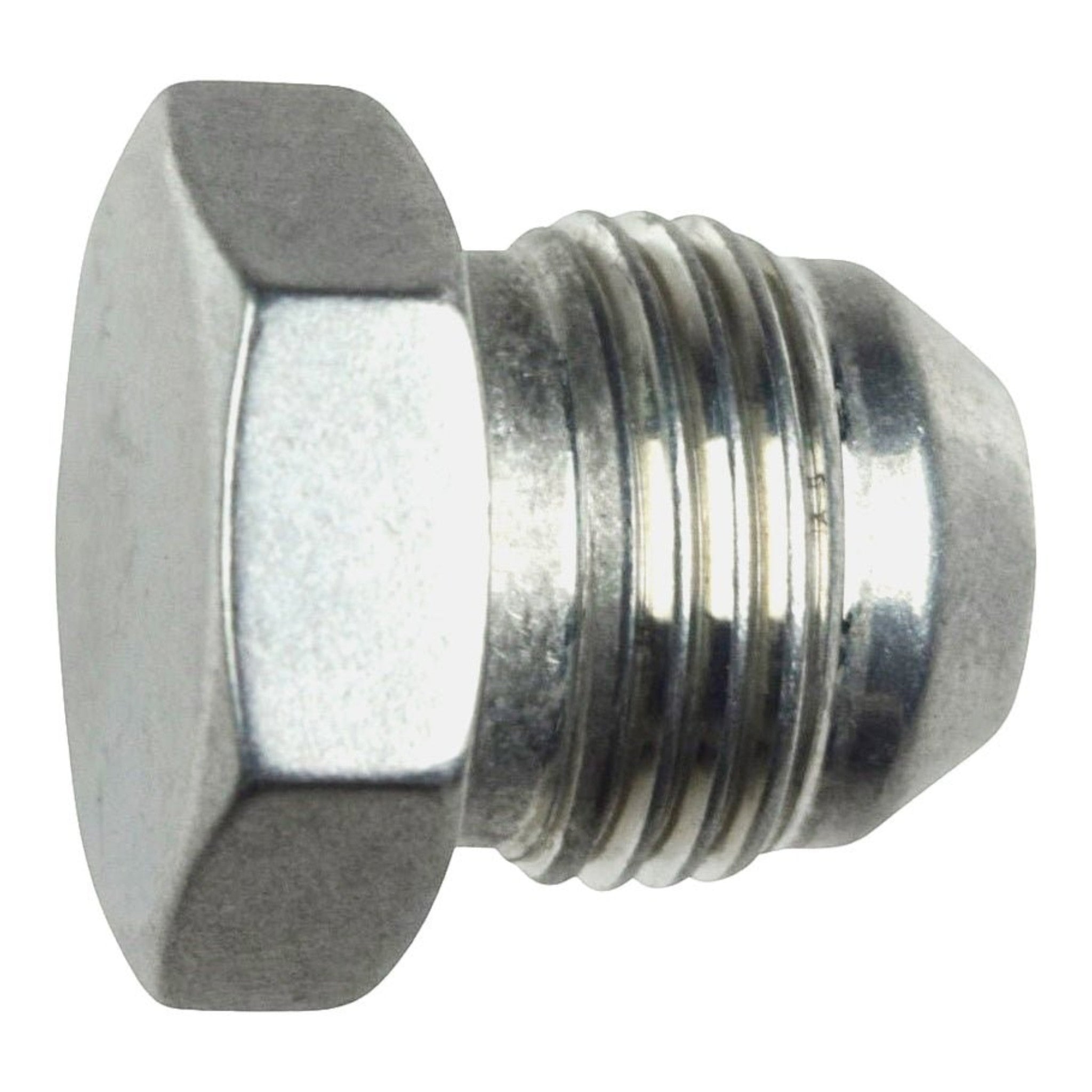 ICT Billet 8AN male flare plug fitting made from bare 6061-T6 billet aluminum for automotive hose capping.