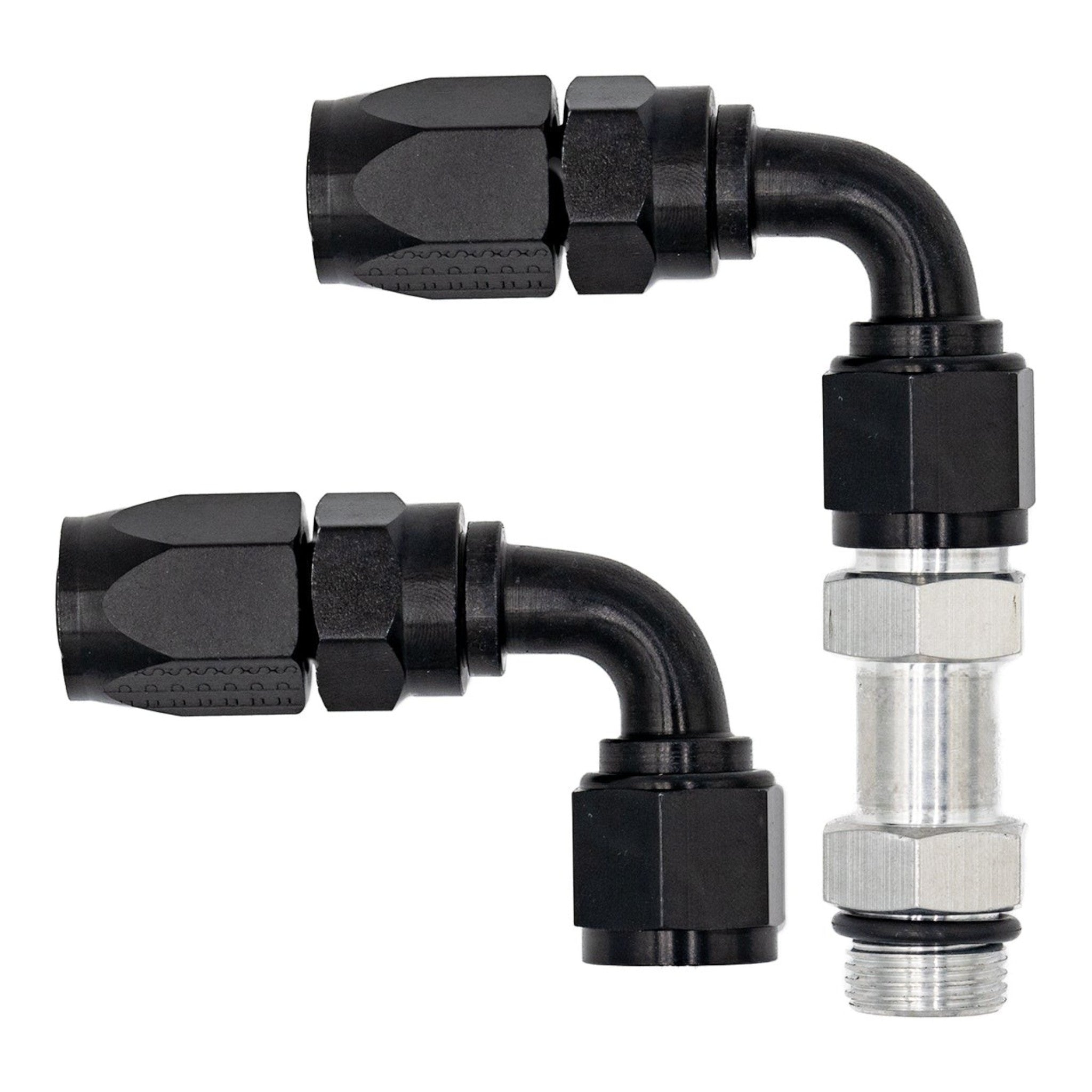 ICT Billet 8AN to 8AN ORB extension fitting with two black 90-degree hose ends for parallel routing