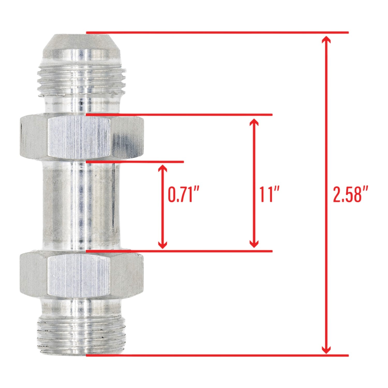ICT Billet 8AN to 8AN ORB extended length straight aluminum hose fitting with measurement dimensions