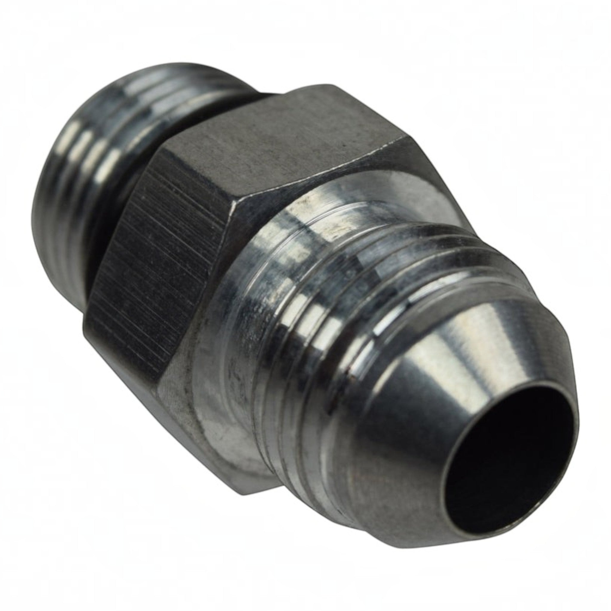 ICT Billet 8AN male flare to 8AN ORB straight hose fitting made of bare 6061-T6 billet aluminum with included o-ring.