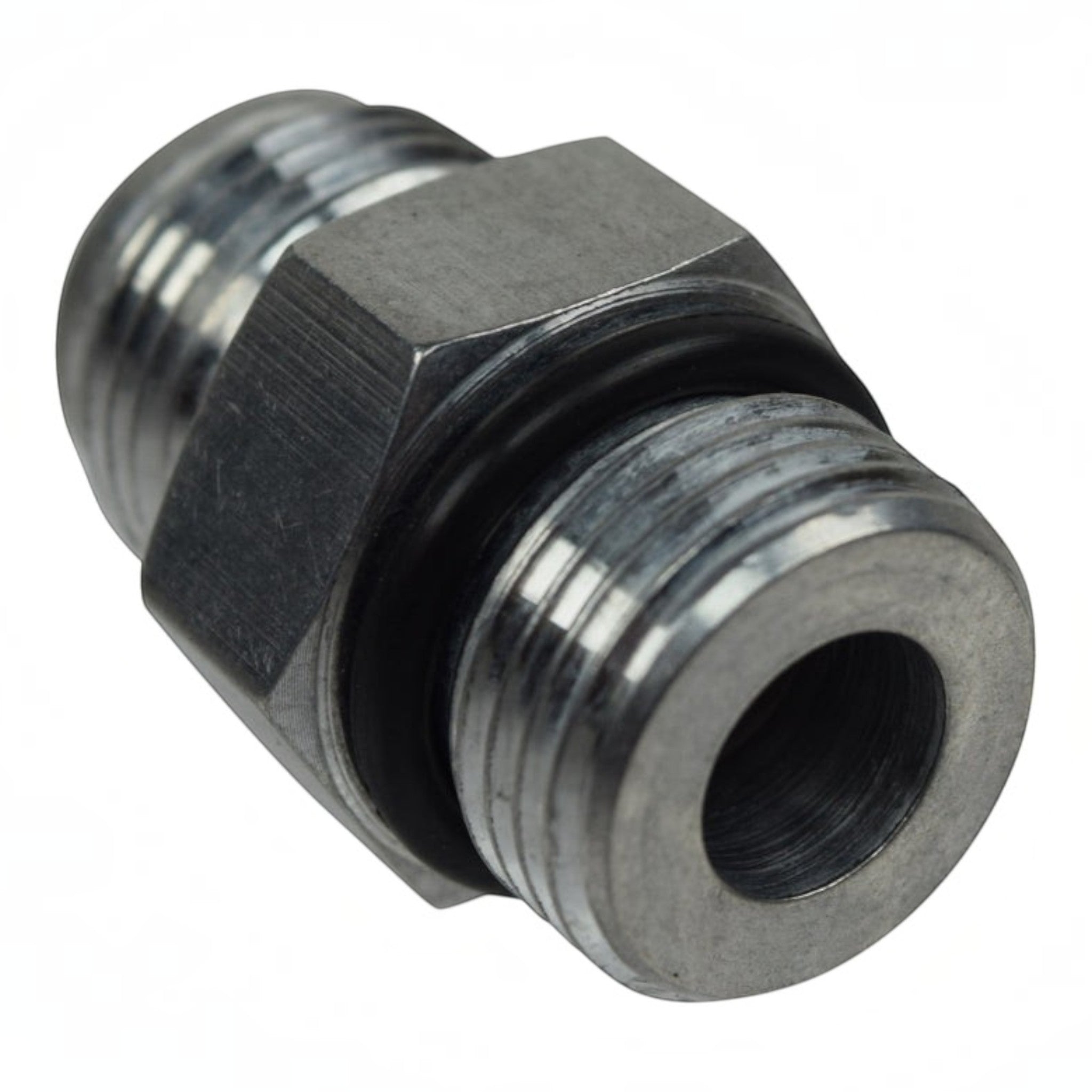 ICT Billet 8AN male flare to 8AN ORB straight fitting made of bare billet aluminum with included O-ring.