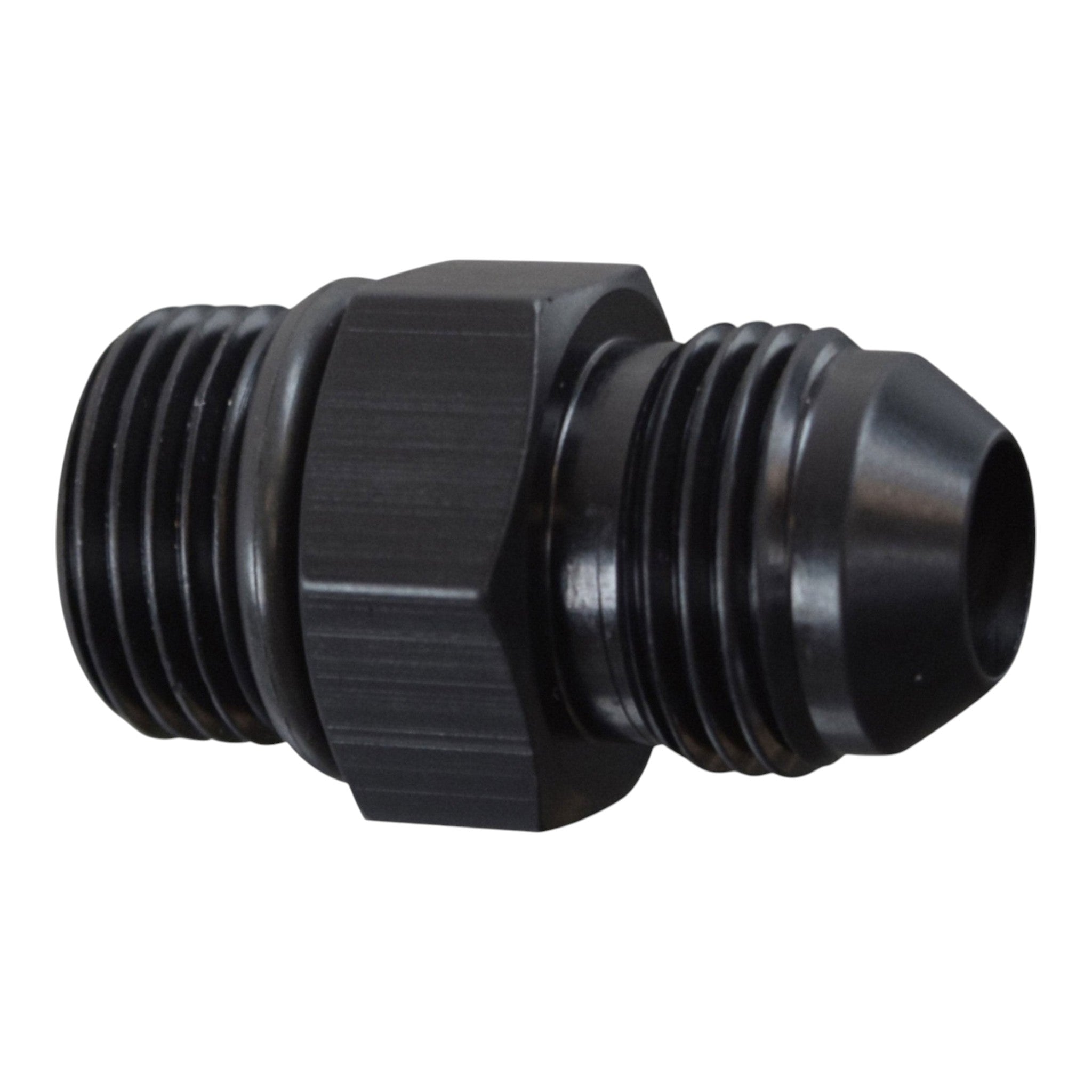 ICT Billet black anodized 8AN male flare to 8AN ORB straight fitting made from 6061-T6 billet aluminum.