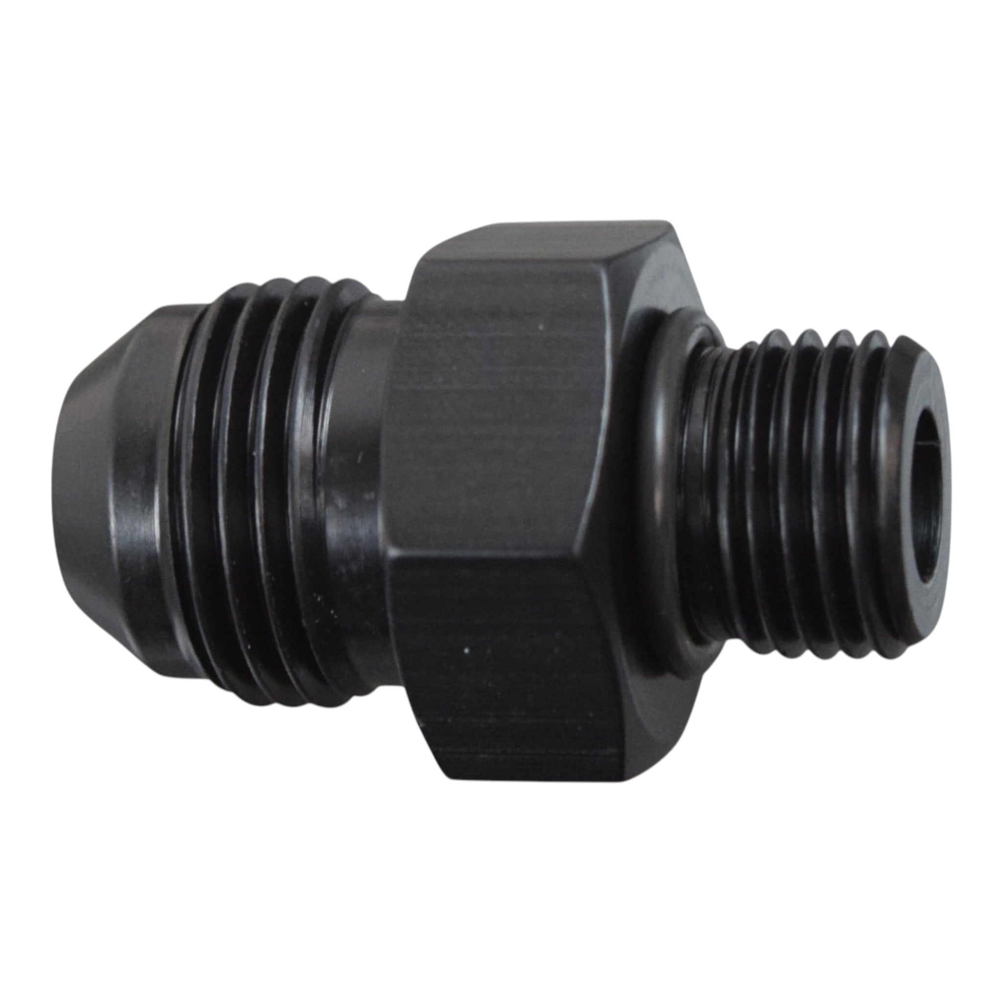 ICT Billet 8AN male flare to 6AN ORB straight adapter fitting in black anodized 6061-T6 billet aluminum with o-ring