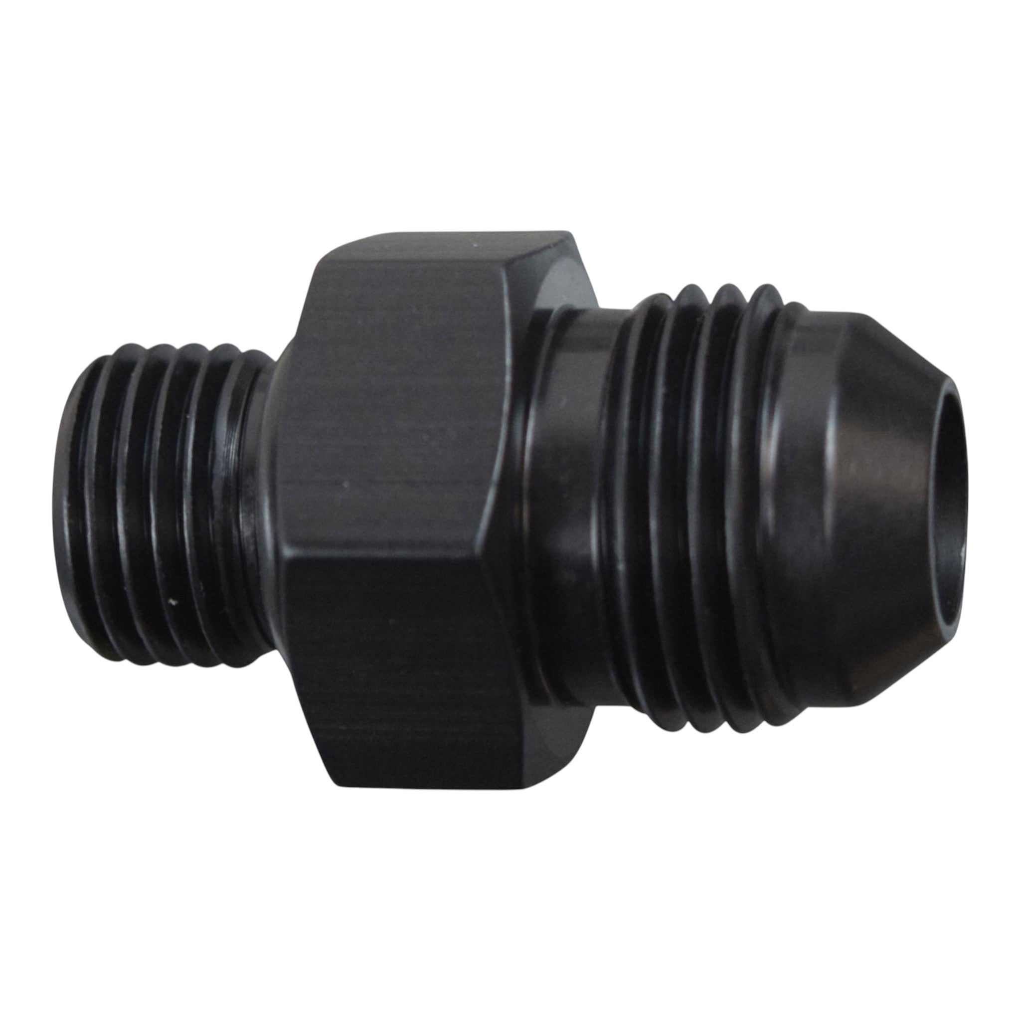 ICT Billet 8AN male flare to 6AN ORB straight fitting made of black anodized 6061-T6 billet aluminum.