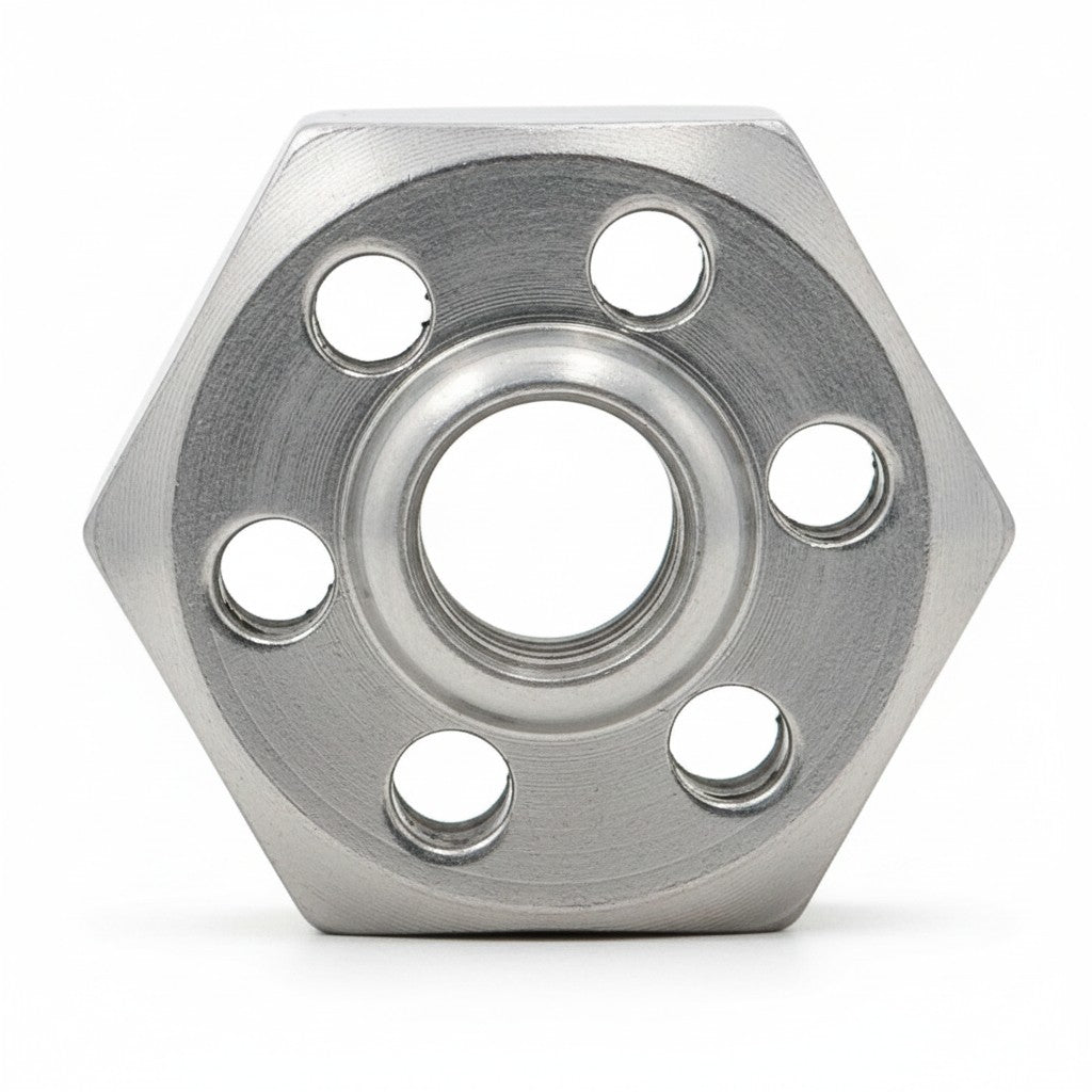 ICT Billet 8HP transmission fluid fill adapter made from machined aluminum with a hexagonal head and leak holes.