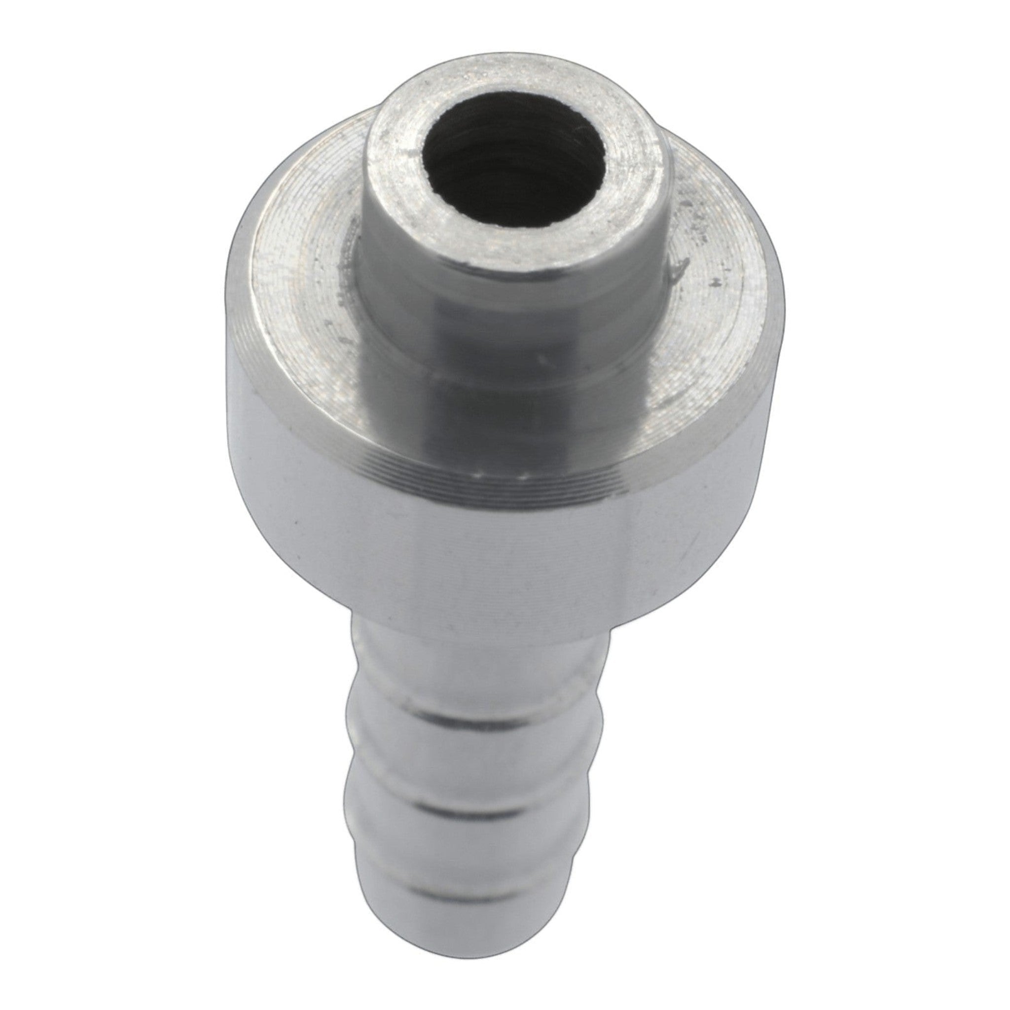 ICT Billet 1/4 inch aluminum weldable hose barb fitting with a bare metal finish for custom radiator fabrication