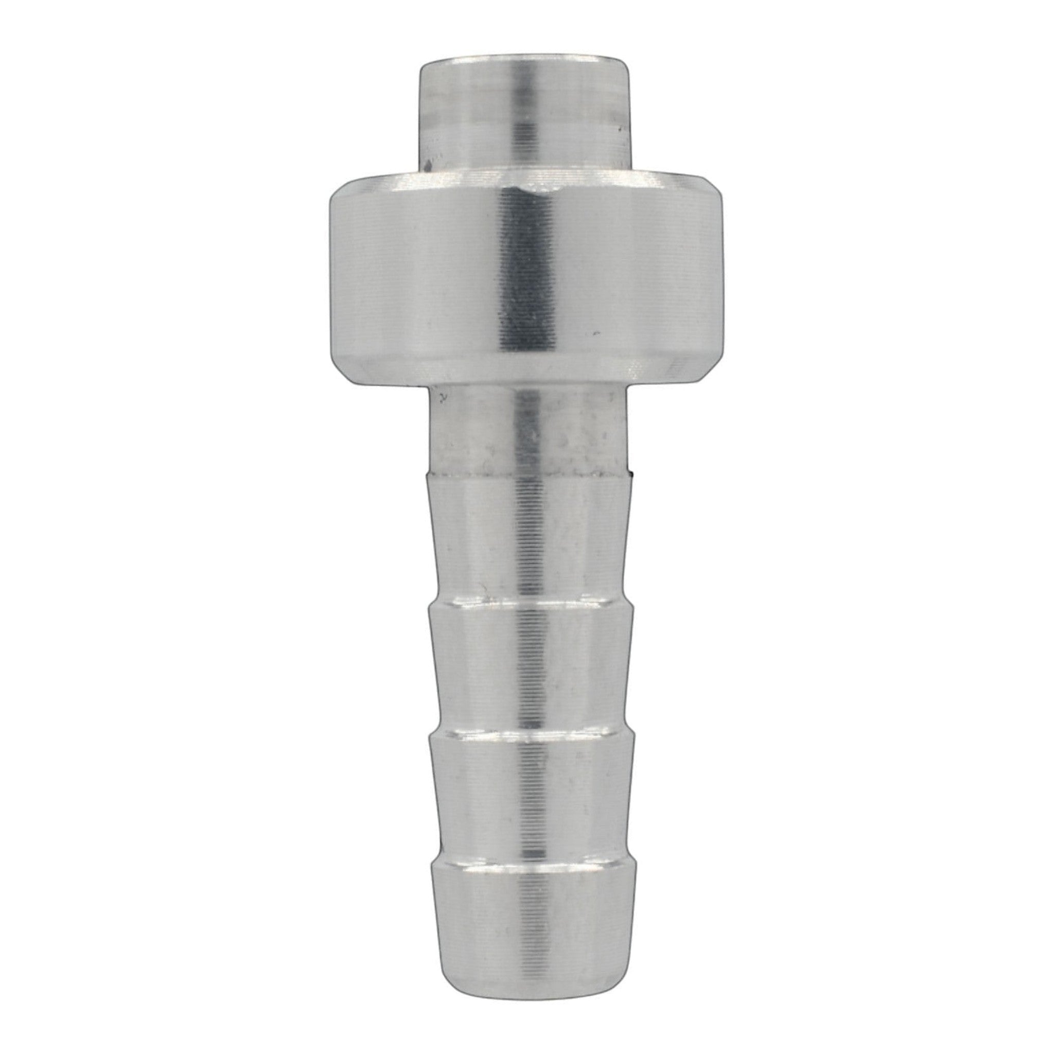ICT Billet 1/4 inch aluminum weldable hose barb fitting with a bare metal finish for custom automotive fabrication.