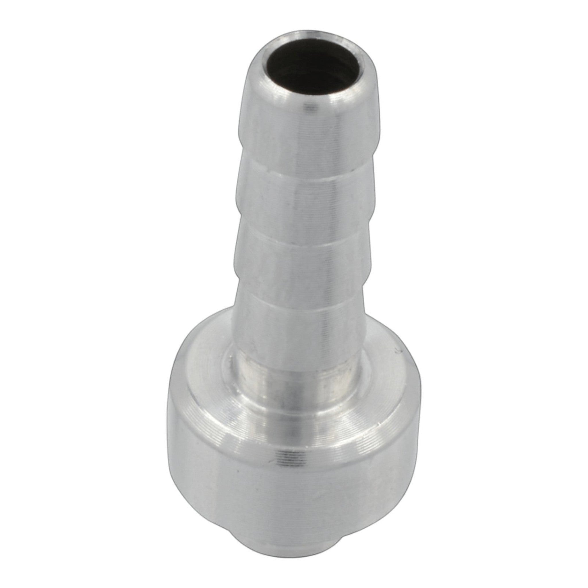 ICT Billet 1/4 inch aluminum weldable hose barb fitting with a bare metal finish for custom automotive fabrication.