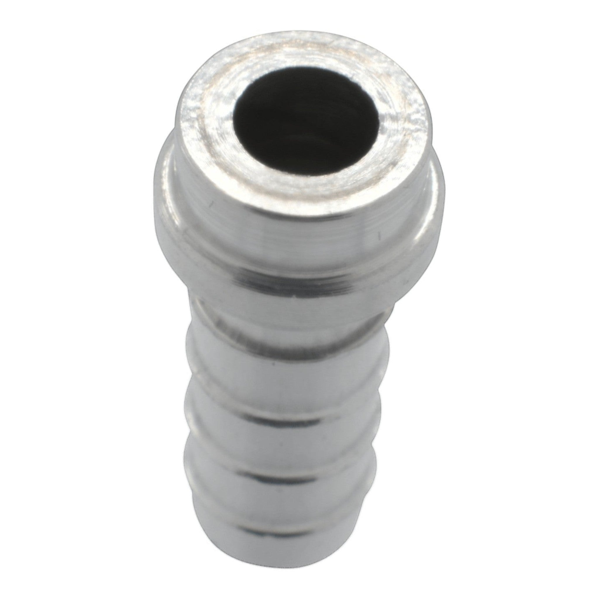 ICT Billet 5/16 inch aluminum weldable hose barb fitting with a bare metal finish for custom radiator fabrication.