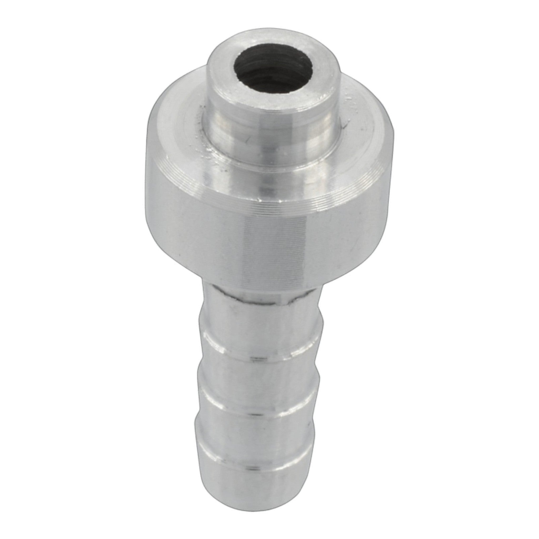 ICT Billet 1/4 inch aluminum weldable hose barb fitting with a bare metal finish for custom radiator fabrication