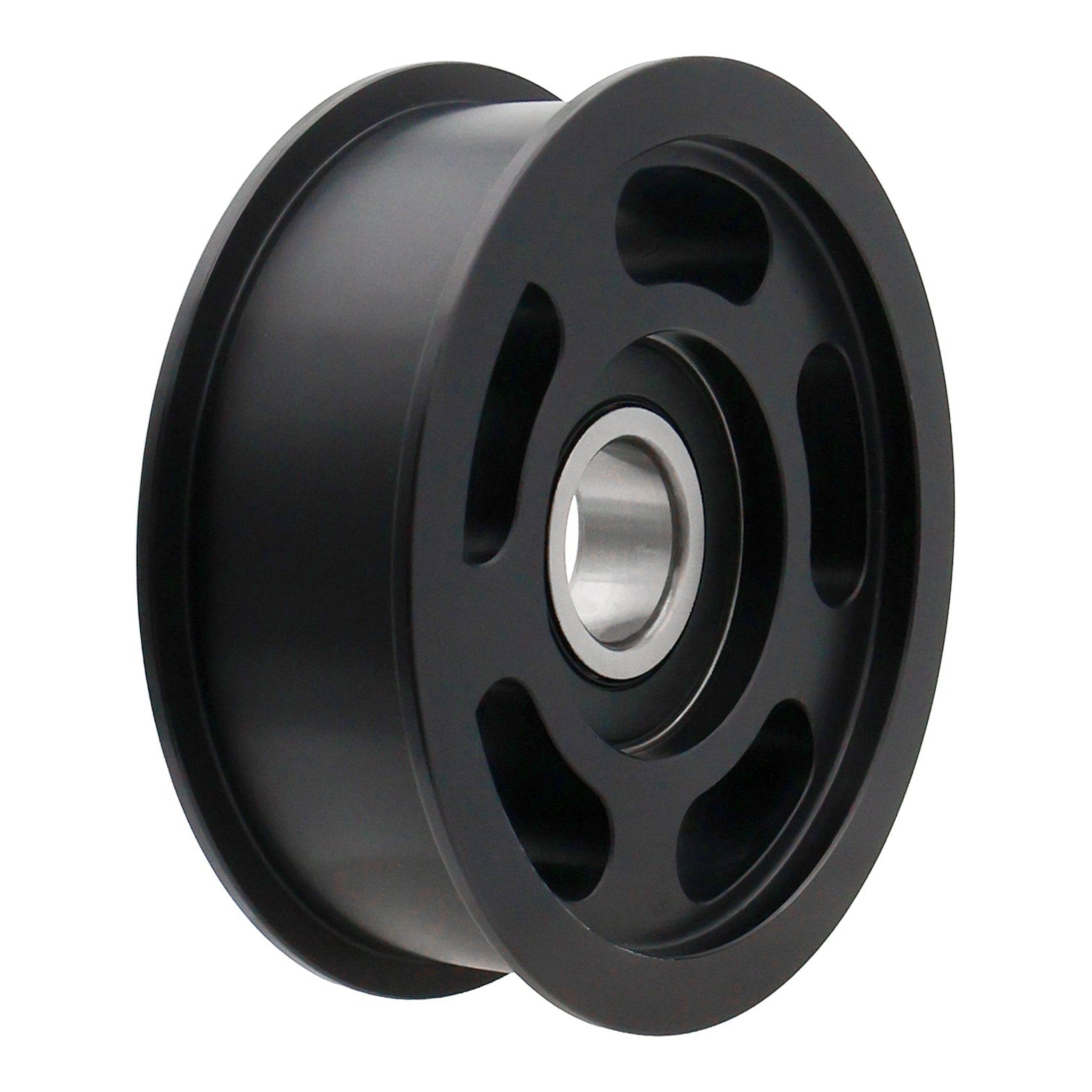 ICT Billet 6-rib smooth idler pulley in black anodized aluminum with flanged sides and Timken ball bearing