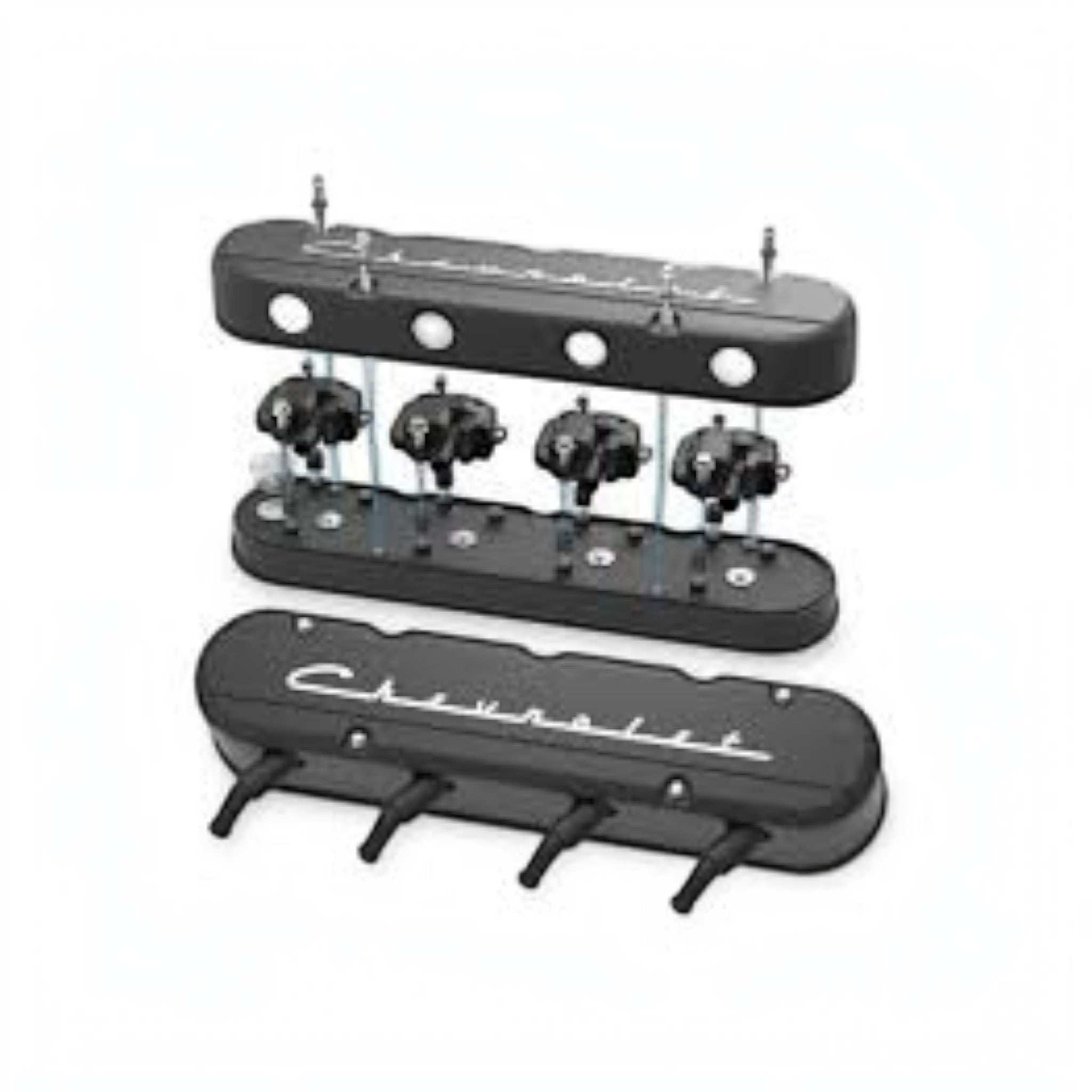 ICT Billet black 2-piece LS valve covers with Chevrolet branding and integrated ignition coil mounts
