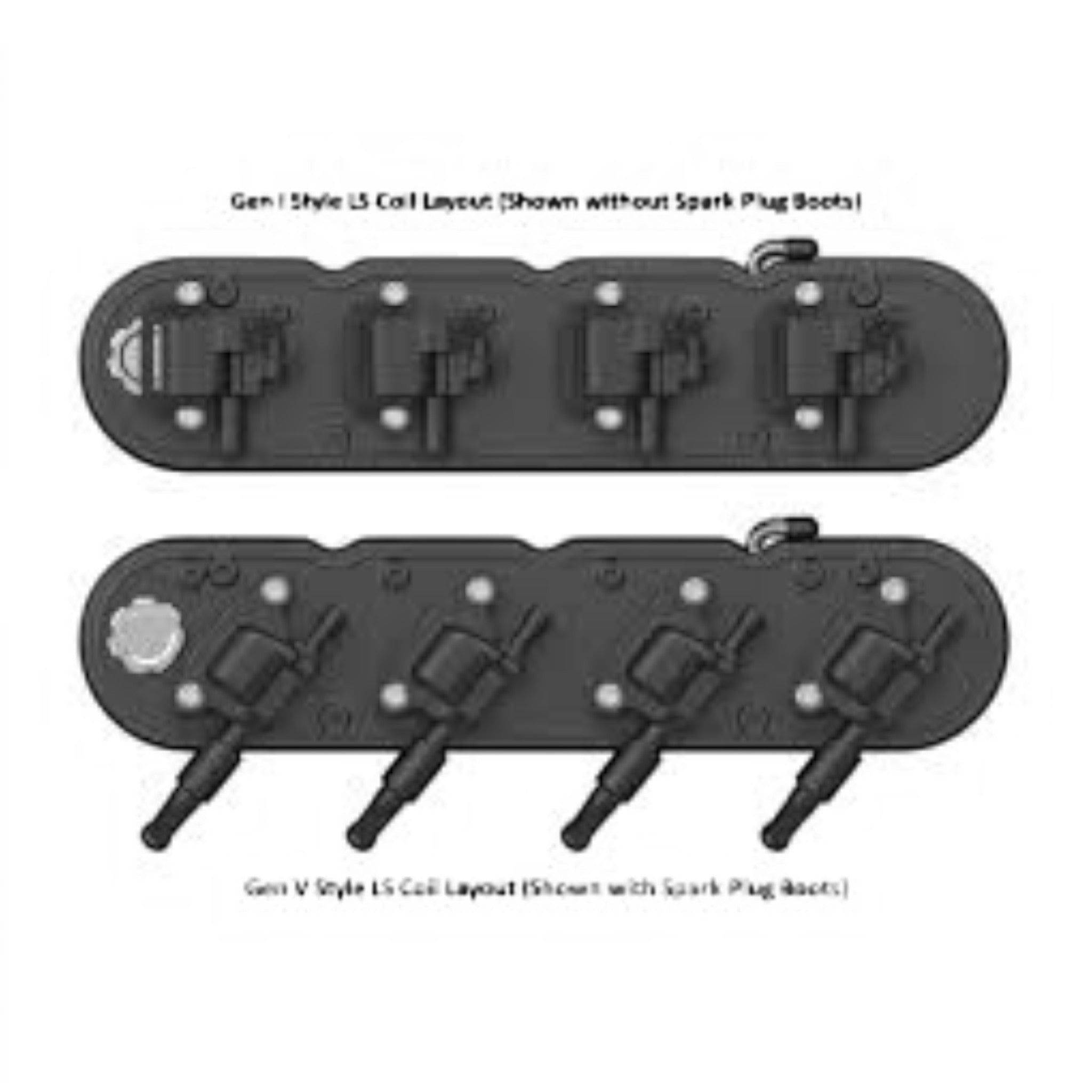 ICT Billet black LS valve covers showing Gen I and Gen V ignition coil layouts with integrated coil mounts