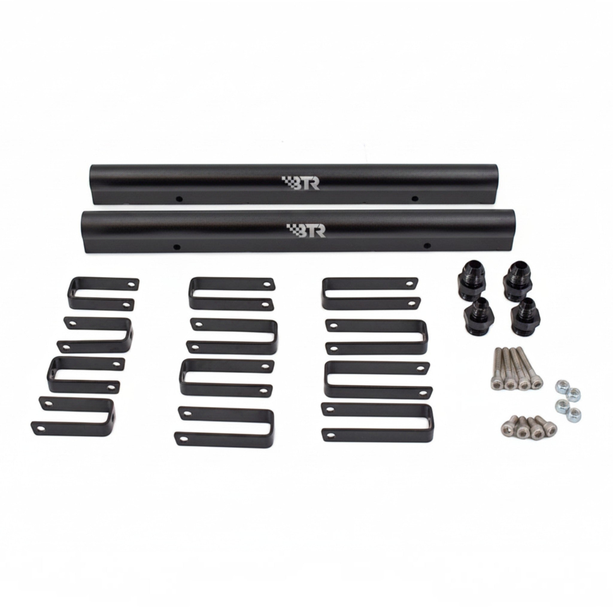 ICT Billet BTR fuel rail kit for V2 Trinity intake manifolds including black rails, mounting brackets, and hardware.