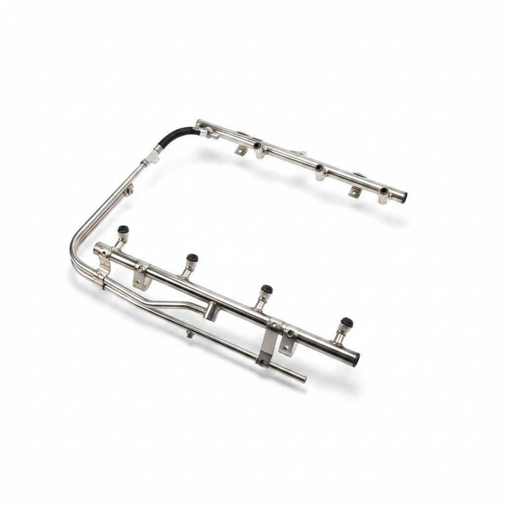 ICT Billet genuine GM LSA fuel rail assembly in metallic silver finish for high performance engine fuel delivery