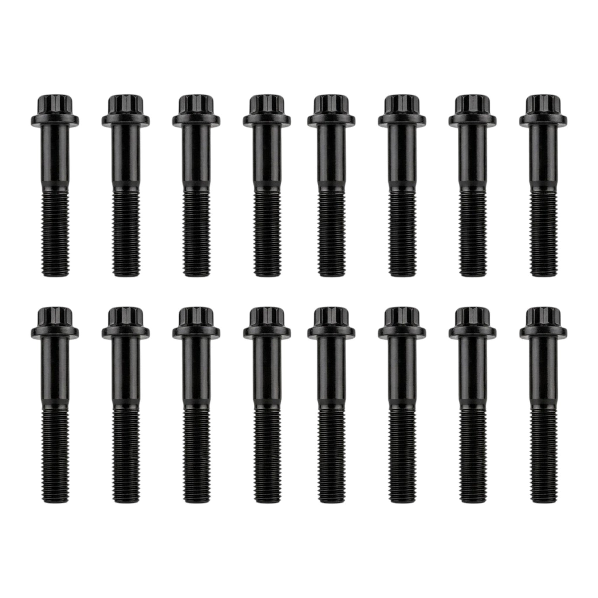 ICT Billet 16-piece set of black oxide 12-point steel bolts for LS engine rocker arm trunnion upgrades.