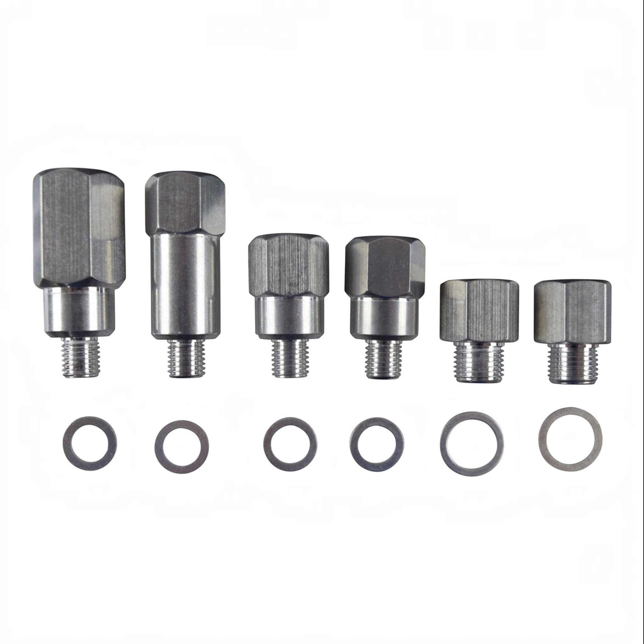 ICT Billet LS engine oil and coolant sensor adapter kit made of 6061-T6 billet aluminum with six varied fittings.