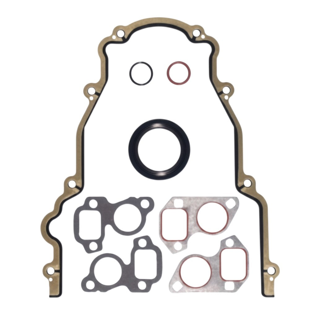 ICT Billet LS timing cover gasket set including front cover gasket, crankshaft seal, and water pump metal gaskets.