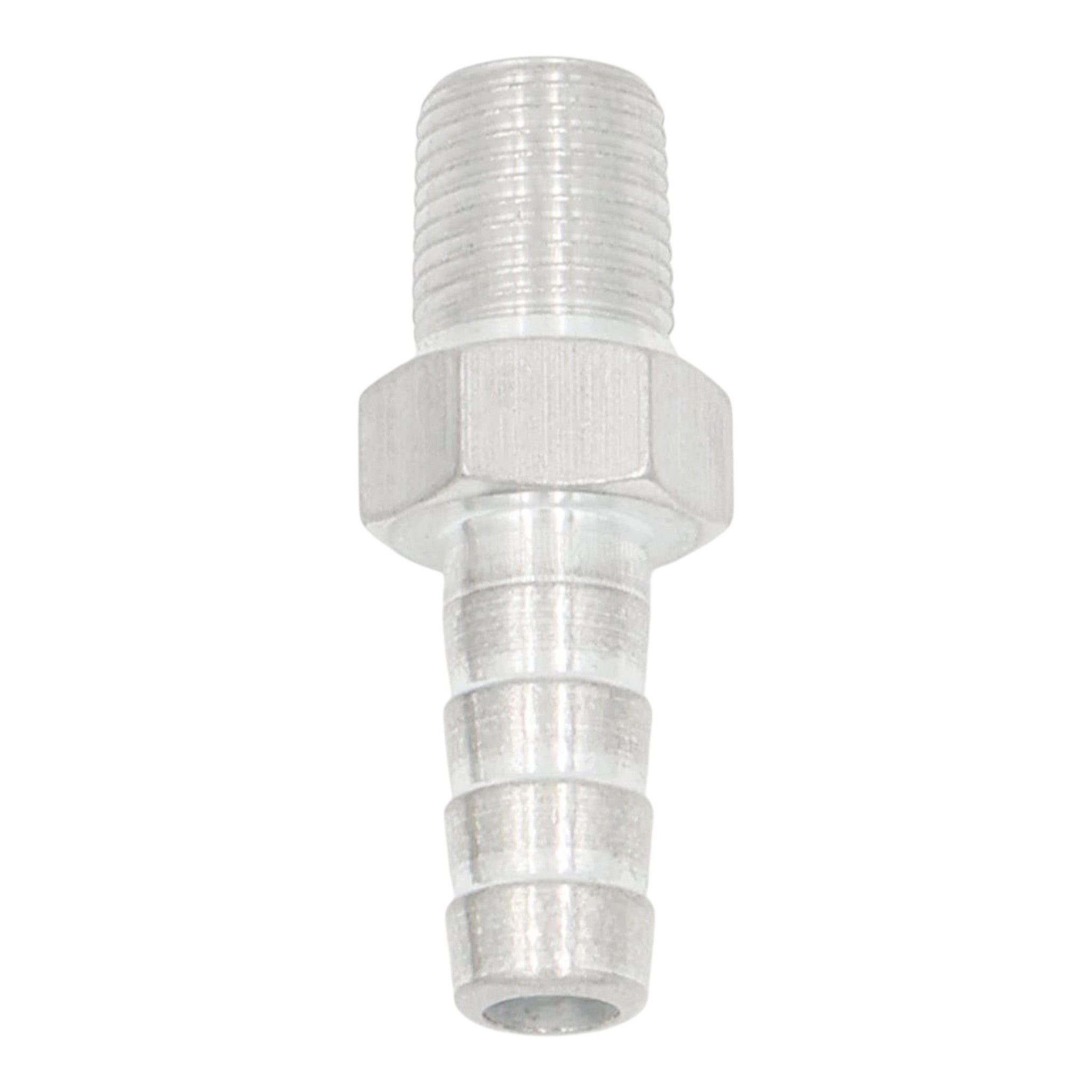 ICT Billet 1/8 inch NPT male to 5/16 inch hose barb straight fitting made from bare 6061-T6 billet aluminum.