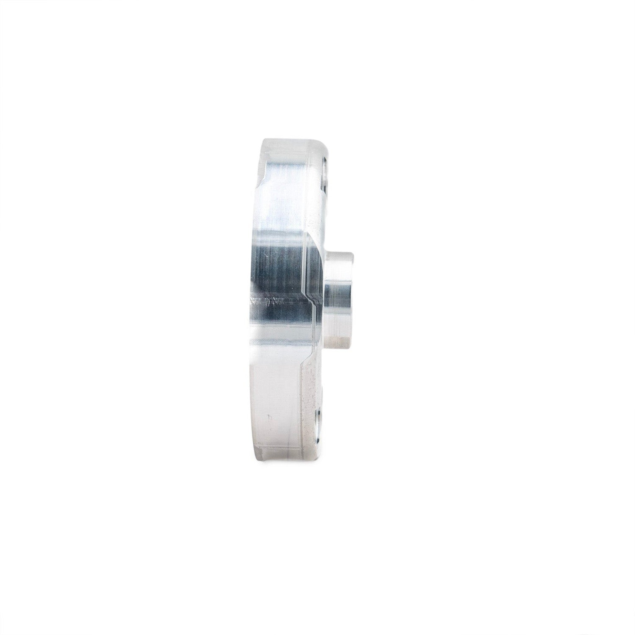 ICT Billet aluminum rear cover adapter for Sanden 709 A/C compressor to R4 lines, side profile view