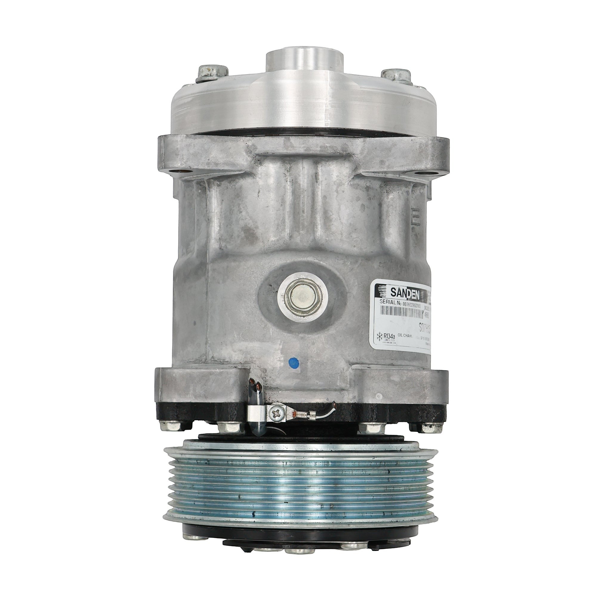 ICT Billet Sanden 709 A/C compressor with rear cover adapter for R4 air conditioning lines