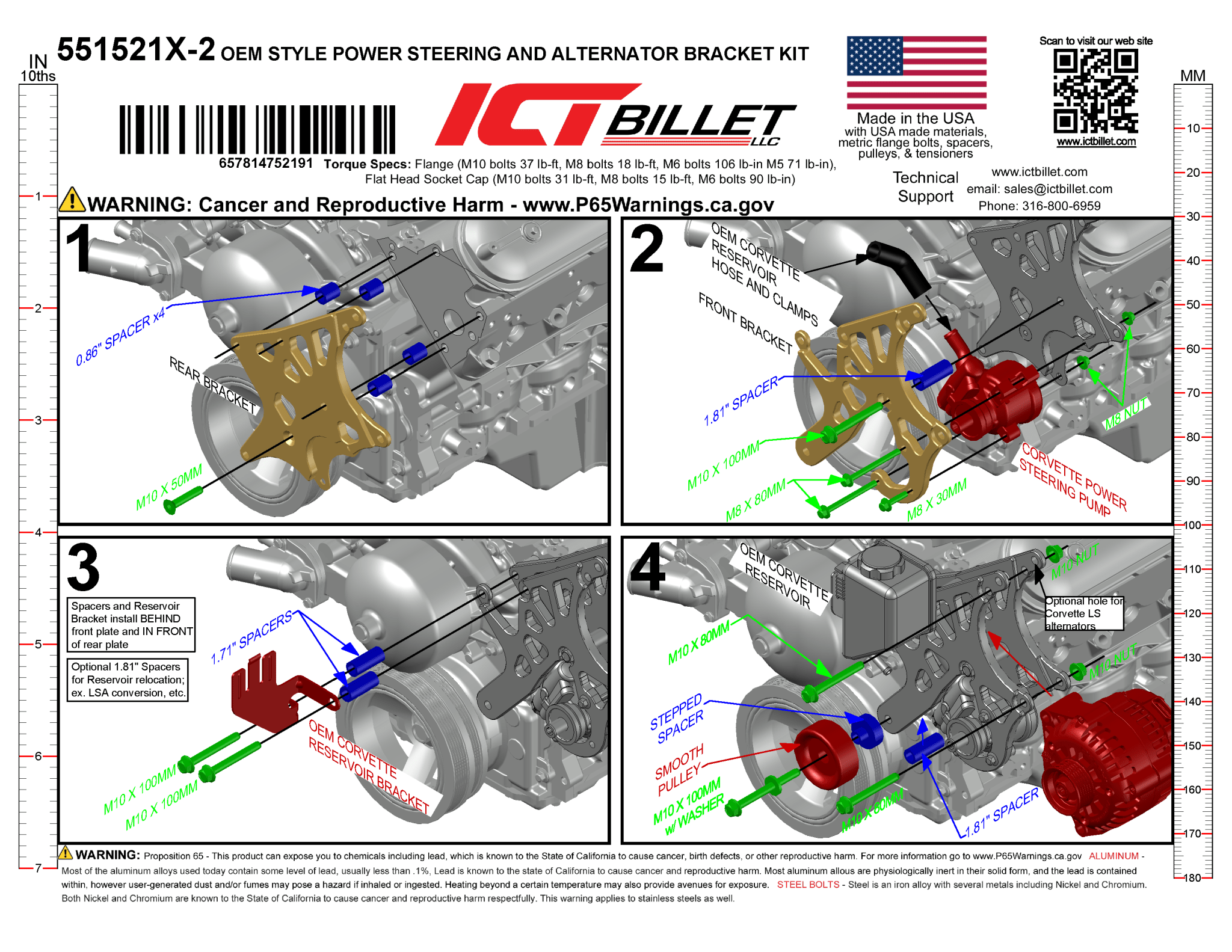 LS Alternator & Power Steering Bracket - Corvette Pump - LS1 Camaro Spacing - ICT Billet 551521X-2
