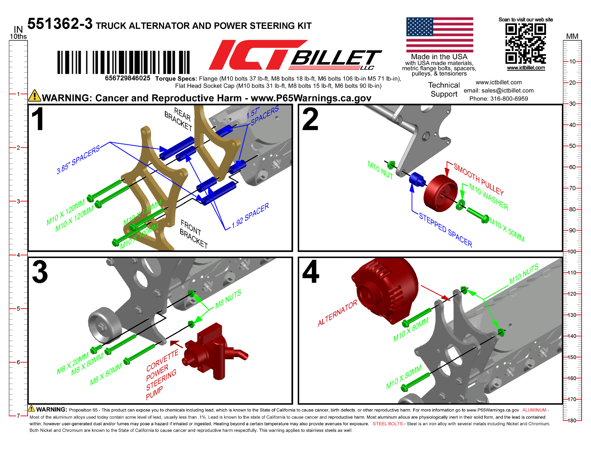 LS Alternator & Power Steering Bracket Corvette Pump - Truck Spacing (High Mount) - ICT Billet 551362-3