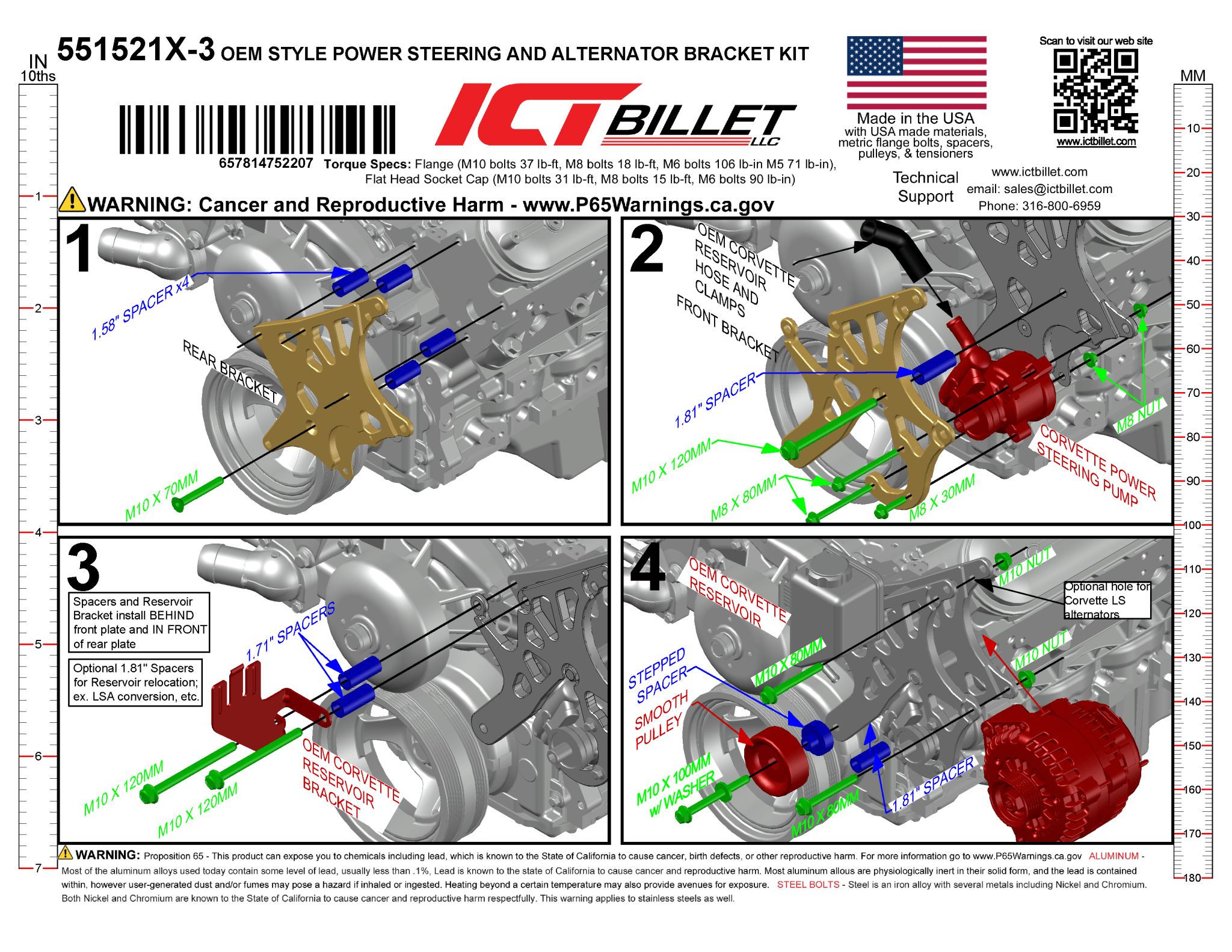 LS Alternator & Power Steering Bracket - Corvette Pump - Truck Spacing - ICT Billet 551521X-3