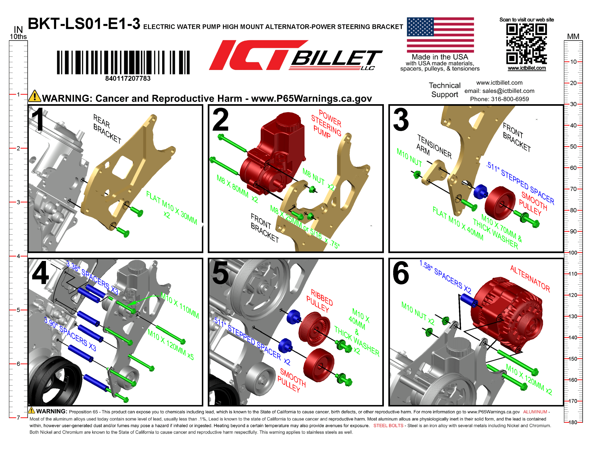 LS Alternator & Power Steering Bracket - Hot Rod Pump - Truck Spacing (Electric Water Pump) - ICT Billet BKT-LS01-E1-3