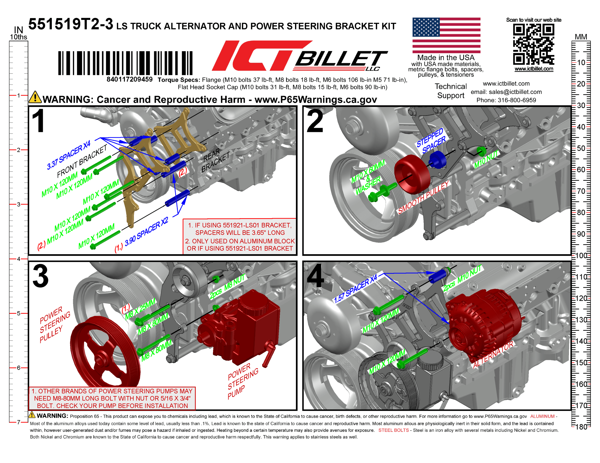 LS Alternator & Power Steering Bracket - Hot Rod Pump- Truck Spacing (High Mount) - ICT Billet 551519T2-3