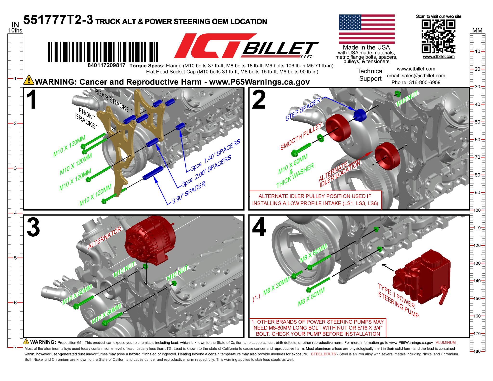 LS Alternator & Power Steering Bracket - Hot Rod Pump- Truck Spacing - ICT Billet 551777T2-3