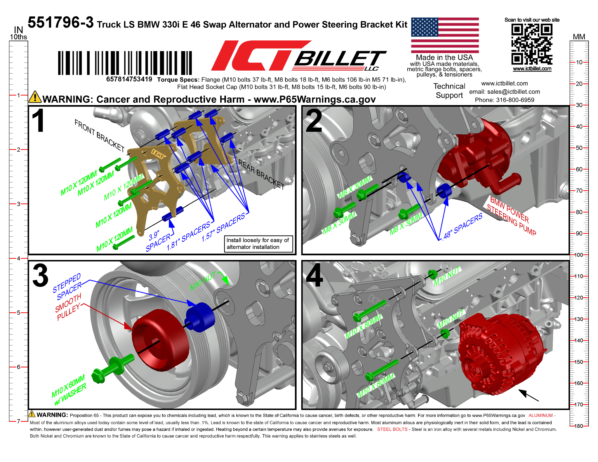 LS BMW E46 Swap Alternator & Power Steering Bracket Kit Truck LS3 5.3L 6.0L - ICT Billet 551796-3