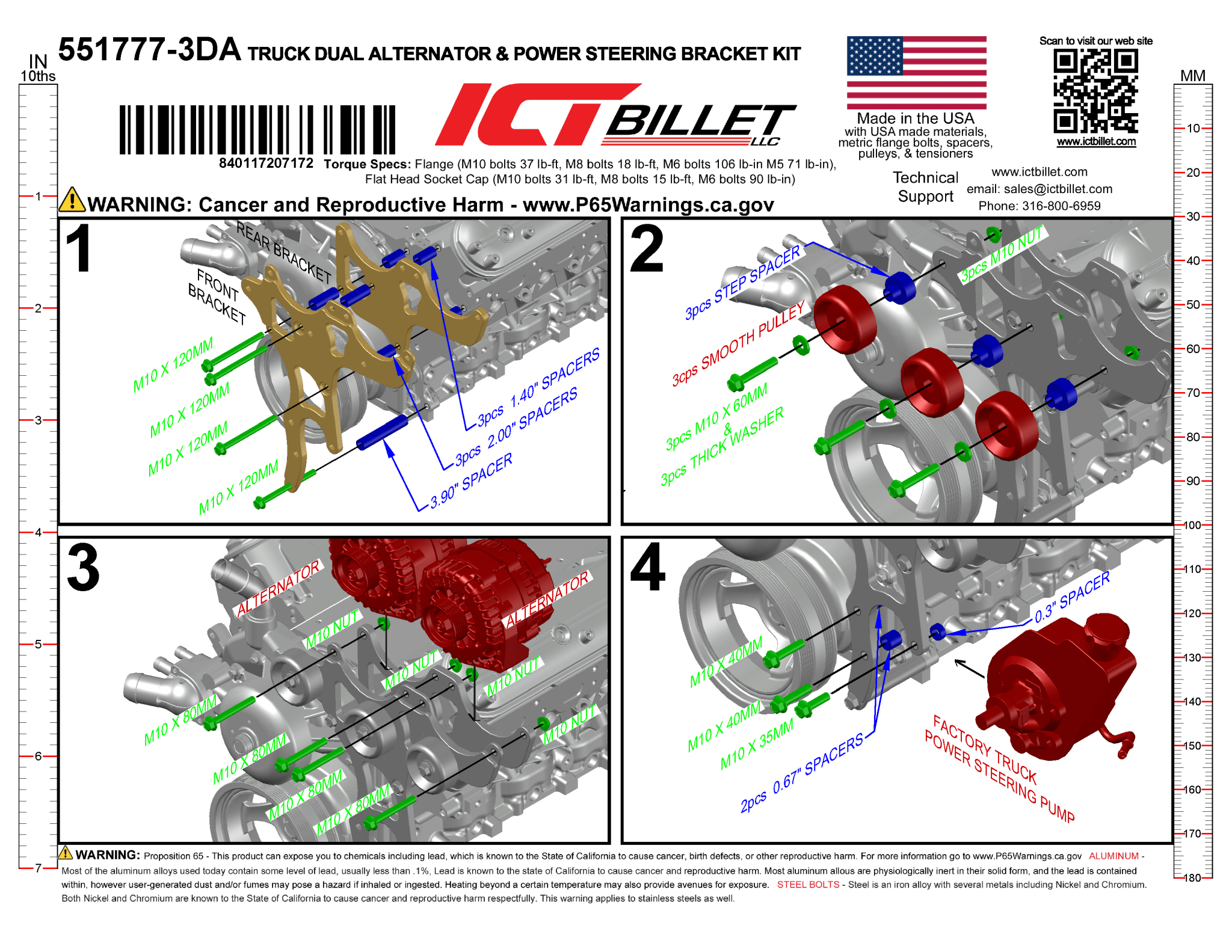 LS Dual Alternator & Power Steering Bracket - Truck Spacing - ICT Billet 551777-3DA