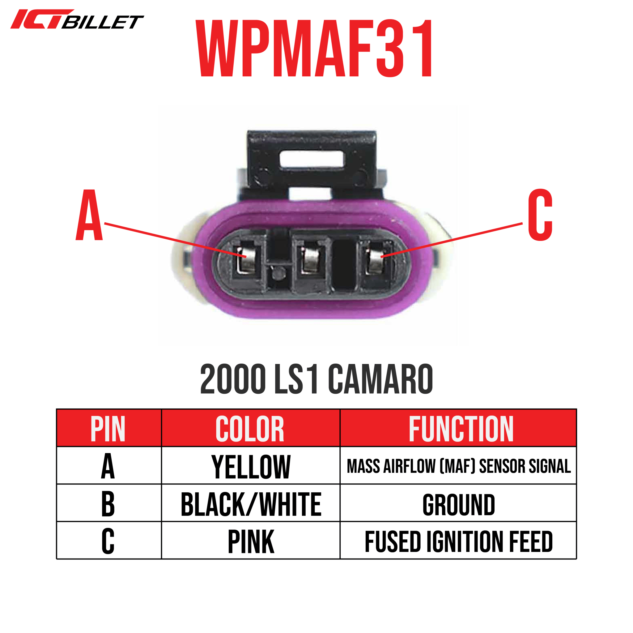 LS Gen 3 Mass Air Flow MAF Connector 3 - Wire Sensor Pigtail Wiring LS1 5.7L - ICT Billet WPMAF31