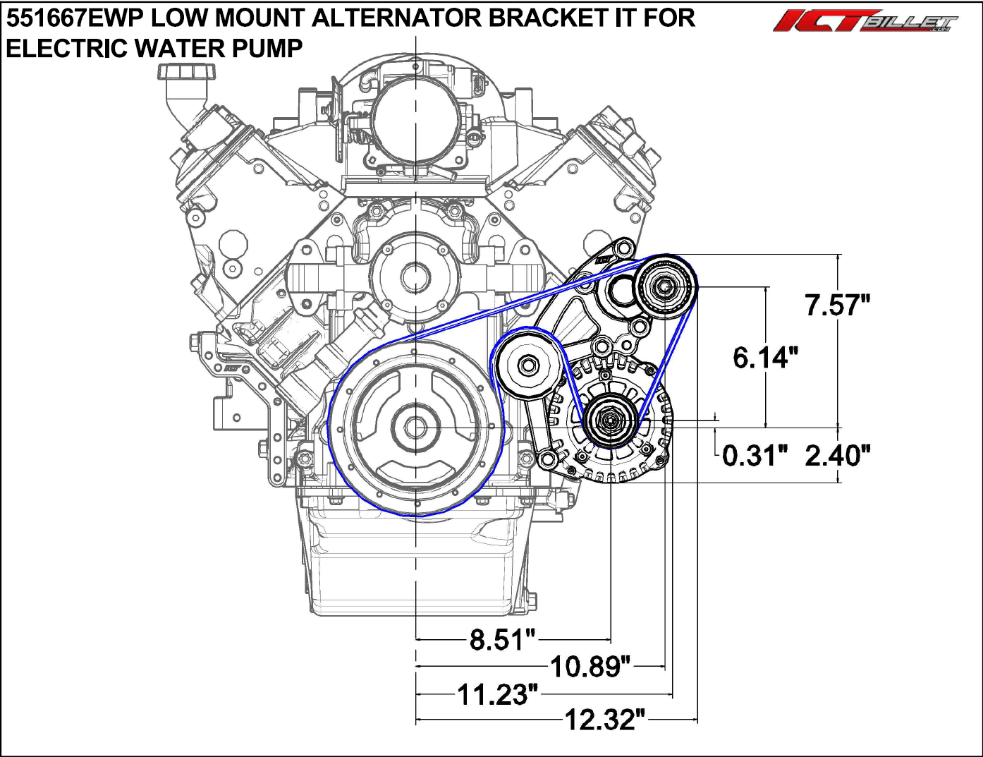 LS Low Mount Alternator Bracket for Electric Water Pump w/ Manual Tensioner Compatible with Corvette - ICT Billet 551667EWTN-1