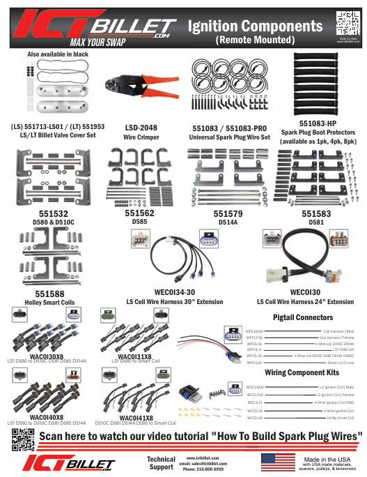 LS LT Spark Plug Wire Set - OE Length Spiral Core Straight Boot LS1 LT1 L83 LS3 - ICT Billet 551834-LS01