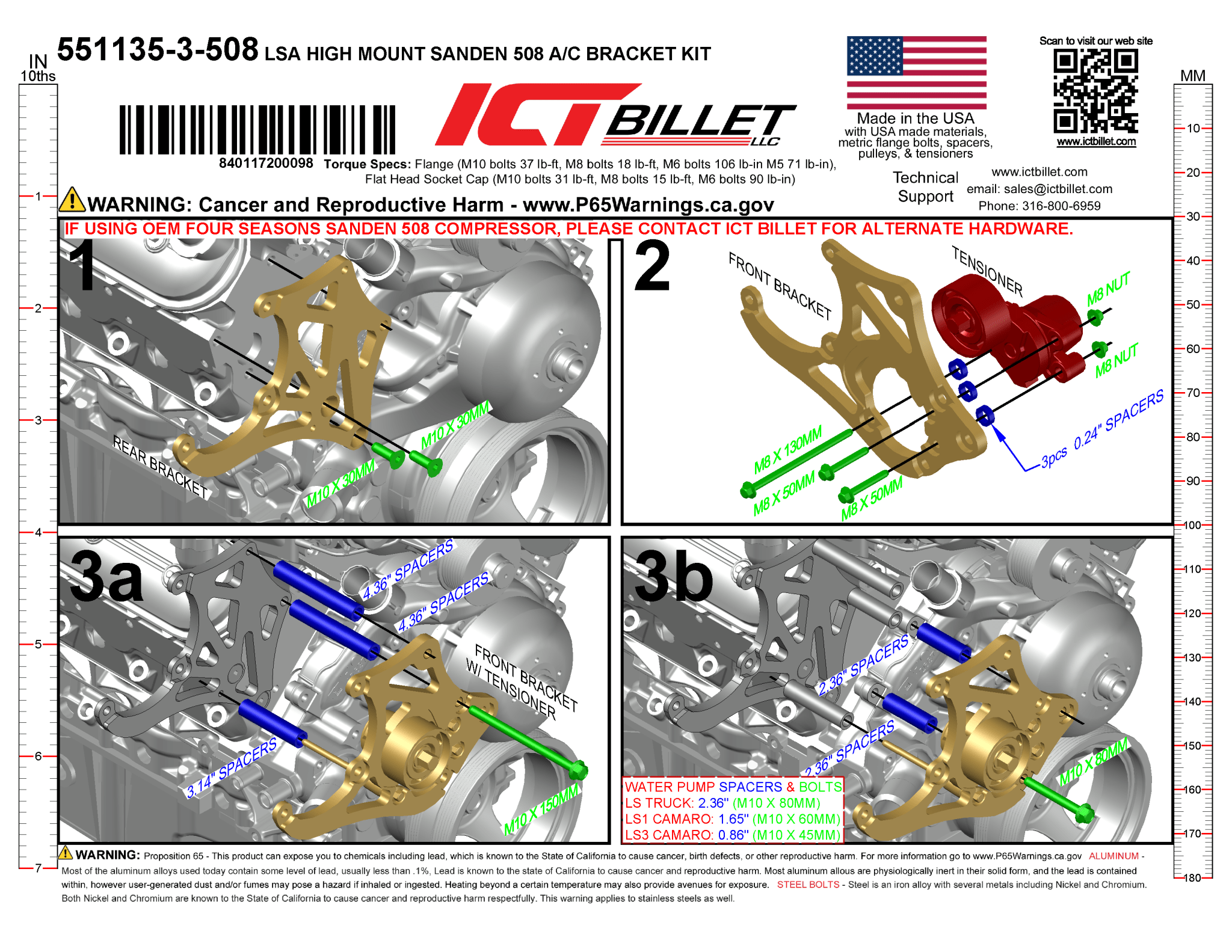 LS or LSA A/C Bracket - Sanden 508 - Truck Spacing - ICT Billet 551135-3-508
