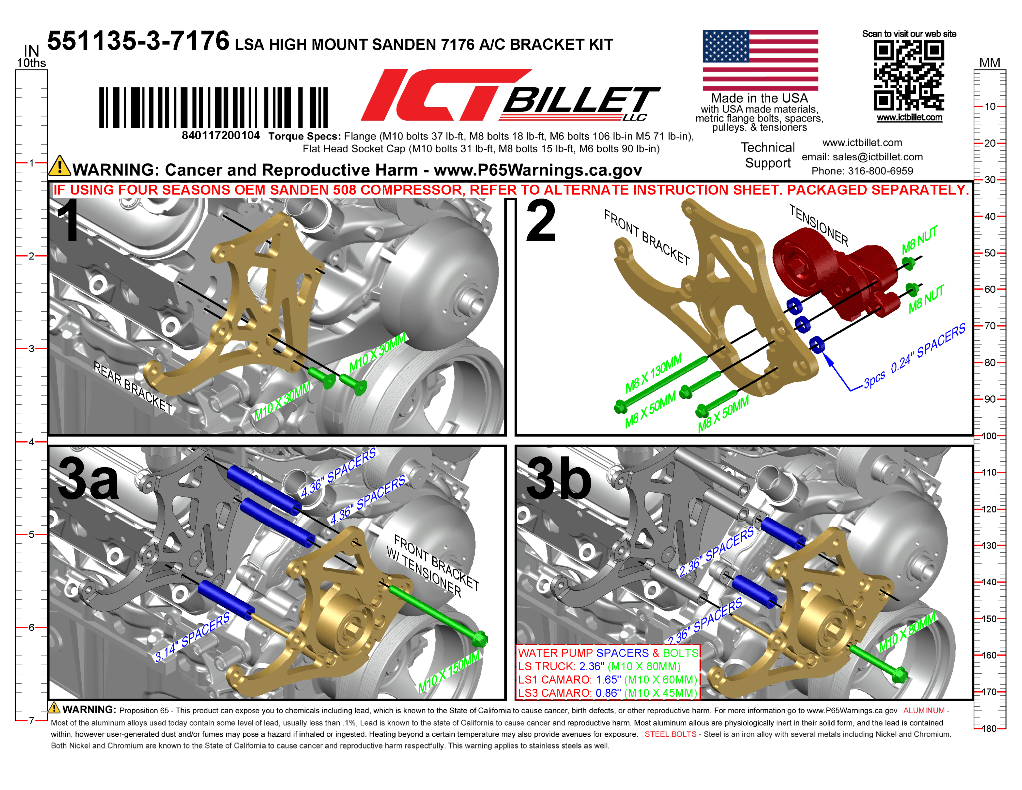 LS or LSA A/C Bracket - Sanden 7176 - Truck Spacing - ICT Billet 551135-3-7176