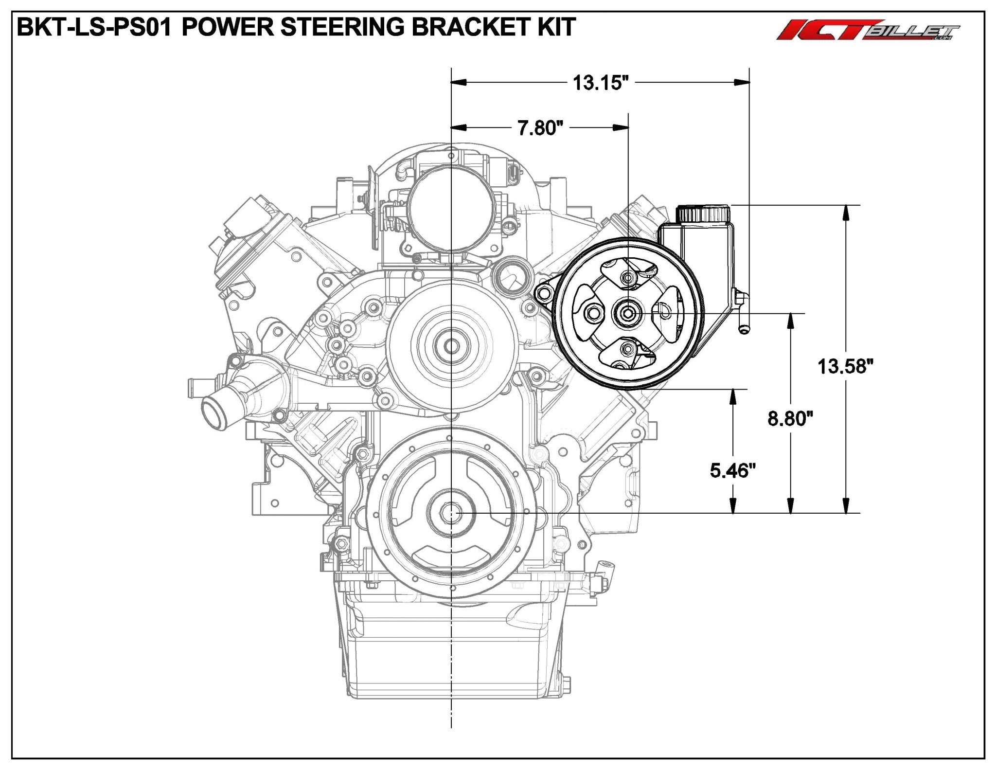 LS Saginaw Type - 2 Power Steering Pump Bracket Kit for Truck Spacing w/ Turbo Headers - ICT Billet BKT-LS-PS01-3