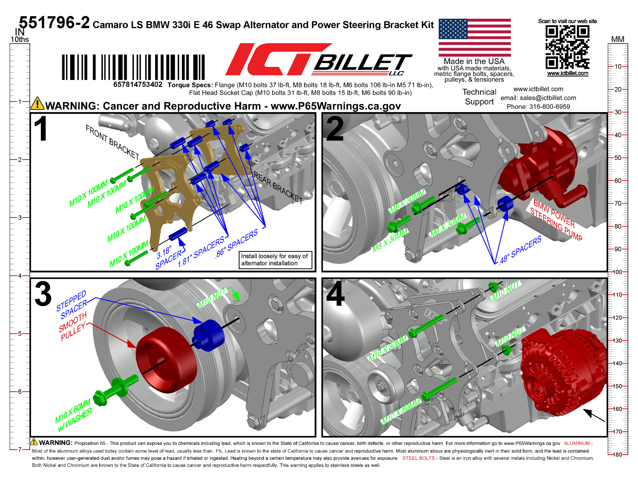 LS Swap Alternator & Power Steering Bracket Kit Camaro LS1 GTO LS2 Compatible with BMW 330i E46 - ICT Billet 551796-2